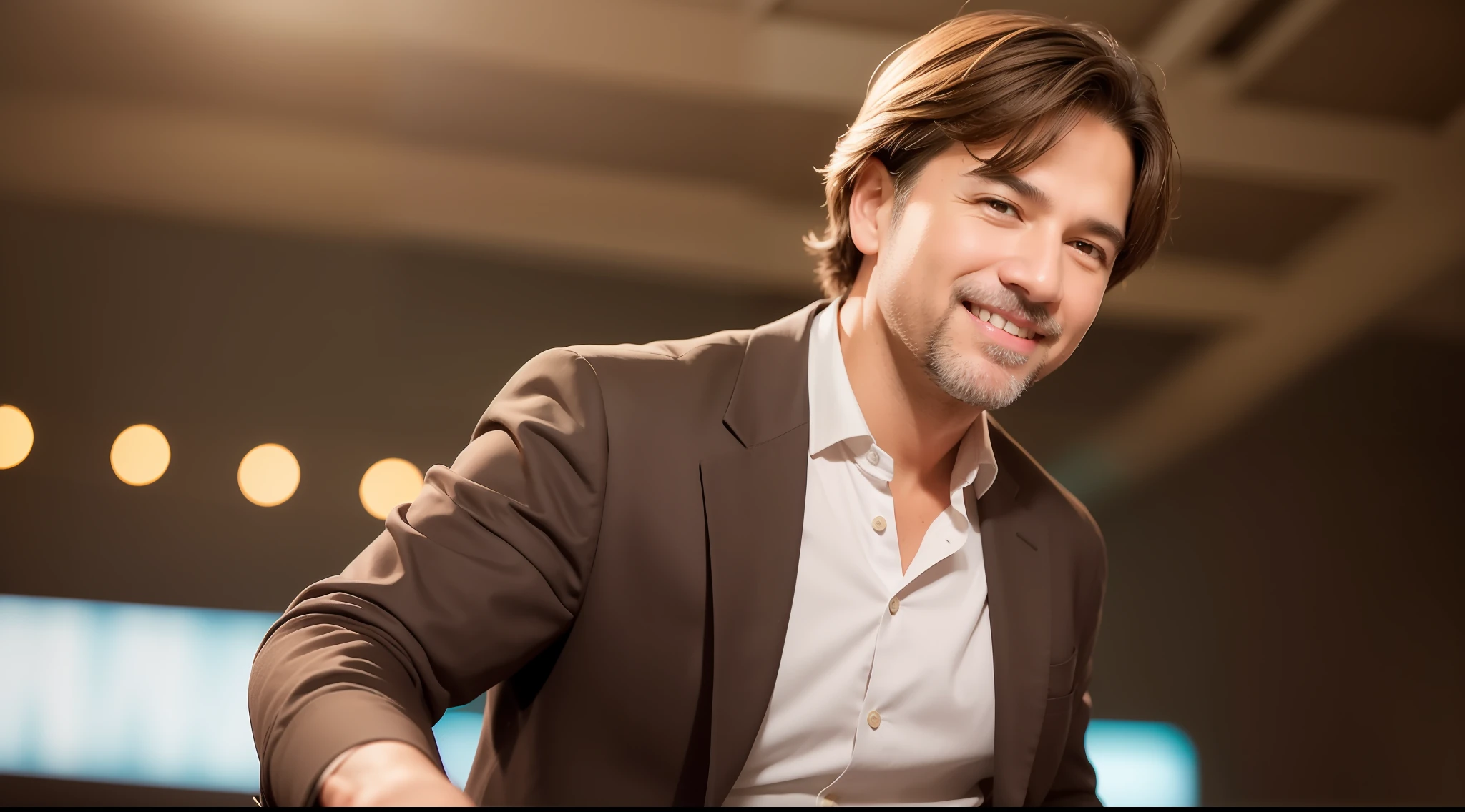 Middle-aged man, brown hair and slightly wavy. large, brown eyes, medium height. stylish clothes with touches of creativity, natural skin, clothing details, full body portrait on a stage, smiling, dark background, theatre stage, lecture, 8k texture, highly detailed, realistic, soft cinematic light, HDR, focus sharp, masterpiece, photorealistic, award-winning photography, 35mm,