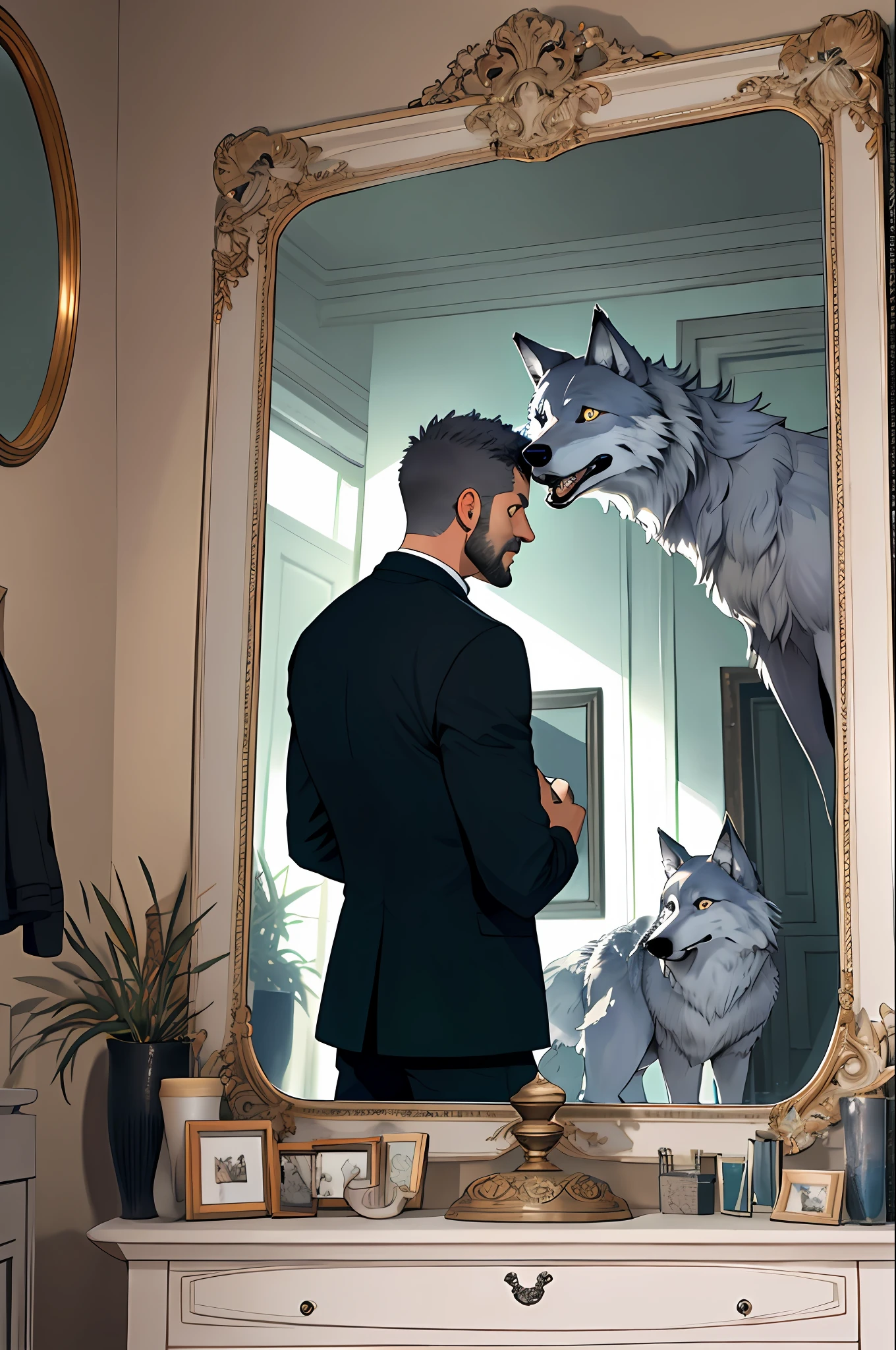 man looking at himself in the mirror old mirror, seeing image of a wolf, ultra-realistic, real image