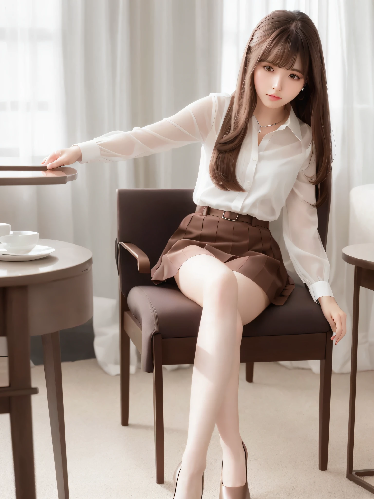 (8K, RAW Photos, Best Quality, Masterpiece: 1.2), (Realistic, Photorealistic: 1.37), Best Quality, Ultra High Resolution, Photon Mapping, Radiosity, Physically Based Rendering, Blur, Foreground, Depth of Field, Blurred Background, Photo_\ (Medium), Motion Blur, Girl, (Full Body), Machine Chair Perch, Long Legs, Slender Legs, Long Hair, bangs, (bangs visible), hair_ornament, lips, hair clip, solo, brown_eyes, nosesoft, sheer white blouse, miniskirt, stockings, lower,