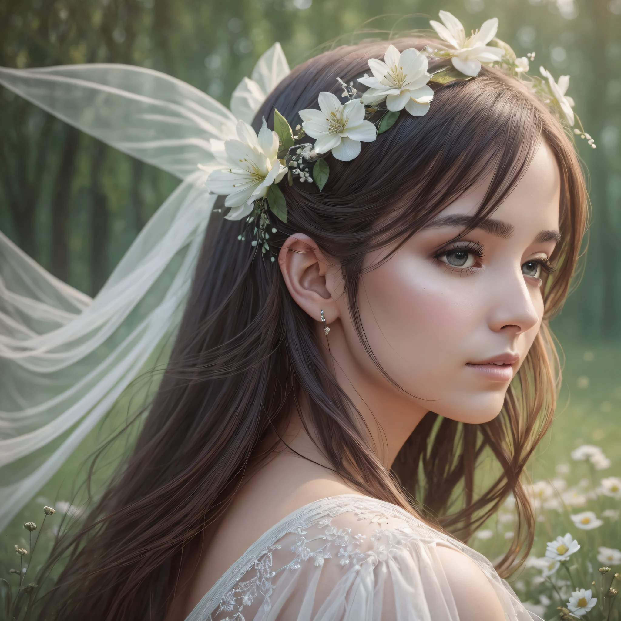 There is a woman in a field seen from the back, winner of the Pexels contest, magical realism, an ethereal and extravagant portrait, Monia Merlo, dreamy scene, surreal portrait photography, lost in a dreamy fairy landscape, artistic interpretation, an ethereal, promotional shot, The final product should be a masterpiece that captures the essence and beauty of the woman, ((highly detailed skin, skin details)), sharp focus, volumetric mist, 8k UHD, DSLR, high quality, film grain, Fujifilm XT3 --auto --s2