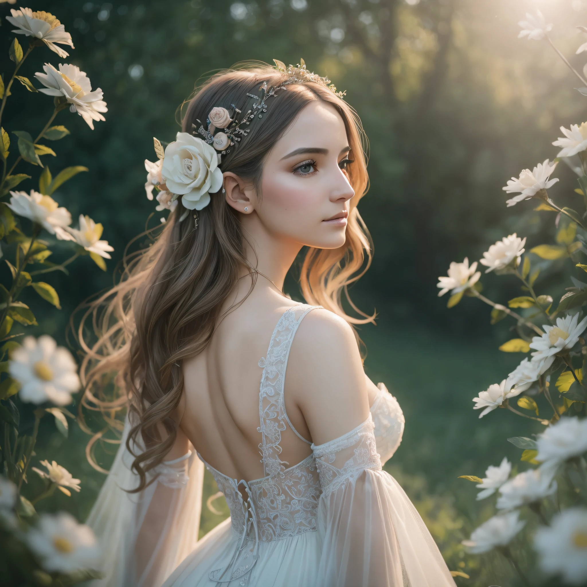 There is a woman in a field seen from the back, winner of the Pexels contest, magical realism, an ethereal and extravagant portrait, Monia Merlo, dreamy scene, surreal portrait photography, lost in a dreamy fairy landscape, artistic interpretation, an ethereal, promotional shot, The final product should be a masterpiece that captures the essence and beauty of the woman, ((highly detailed skin, skin details)), sharp focus, volumetric mist, 8k UHD, DSLR, high quality, film grain, Fujifilm XT3 --auto --s2