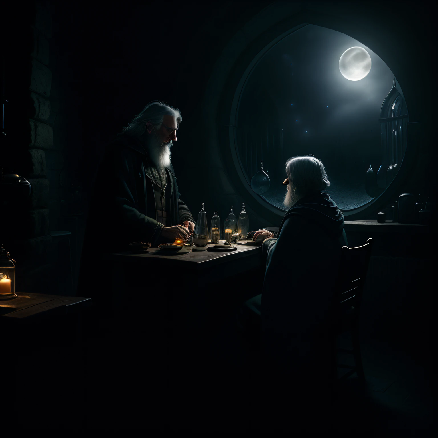 An old wizard in a very dark alchemy laboratory, Moonlight coming through the window, cold and dim lighting. (Moonbeams),