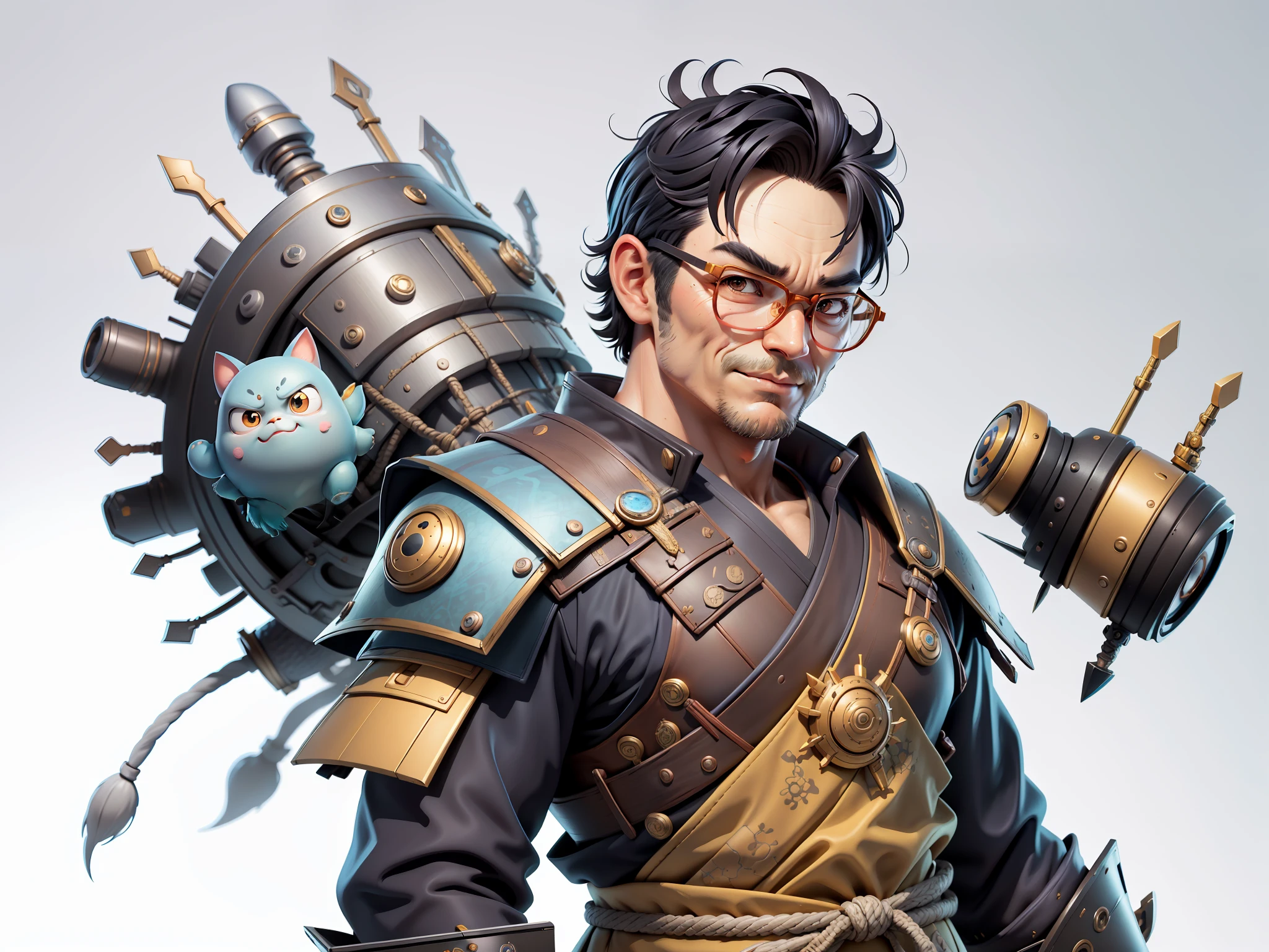 (Masterpiece), (Excellent), (Super Meticulous), (Full Body: 1.2), Super Young Man, Oriental Face, Japanese Samurai, Japanese Samurai Armour, Thor, TV Anchor, Bust Portrait Illustration, Alone, Black Suit, Blue Tie, Silver Glasses, Slightly Chubby Face, Very Clean Face, No Beard, Black Super Short Hair, Black Eyes, Confident Smile, 3c Computer Sub-Products, iPad, iPhone, Digital Painting, 3D Character Design by Mark Clairenden and Pixar and Hayao Miyazaki, The illustration is a high-definition illustration in 4K resolution with very detailed facial features and cartoon-style visuals.