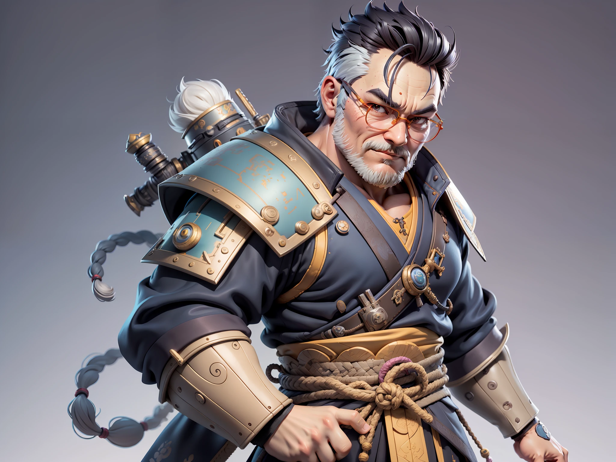 (Masterpiece), (Excellent), (Super Meticulous), (Full Body: 1.2), Super Young Man, Oriental Face, Japanese Samurai, Japanese Samurai Armour, Thor, TV Anchor, Bust Portrait Illustration, Alone, Black Suit, Blue Tie, Silver Glasses, Slightly Chubby Face, Very Clean Face, No Beard, Black Super Short Hair, Black Eyes, Confident Smile, 3c Computer Sub-Products, iPad, iPhone, Digital Painting, 3D Character Design by Mark Clairenden and Pixar and Hayao Miyazaki, The illustration is a high-definition illustration in 4K resolution with very detailed facial features and cartoon-style visuals.