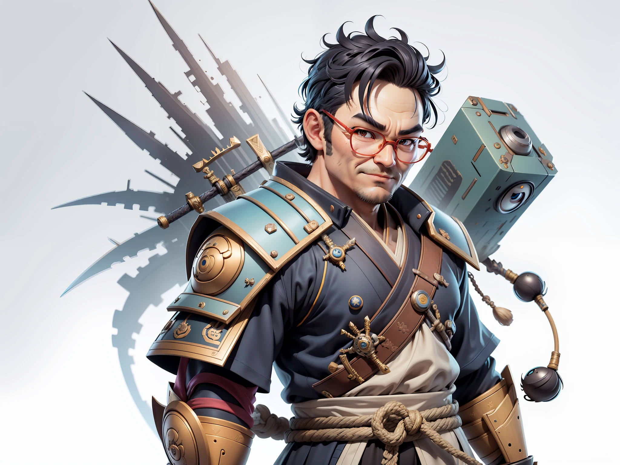 (Masterpiece), (Excellent), (Super Meticulous), (Full Body: 1.2), Super Young Man, Oriental Face, Japanese Samurai, Japanese Samurai Armour, Thor, TV Anchor, Bust Portrait Illustration, Alone, Black Suit, Blue Tie, Silver Glasses, Slightly Chubby Face, Very Clean Face, No Beard, Black Super Short Hair, Black Eyes, Confident Smile, 3c Computer Sub-Products, iPad, iPhone, Digital Painting, 3D Character Design by Mark Clairenden and Pixar and Hayao Miyazaki, The illustration is a high-definition illustration in 4K resolution with very detailed facial features and cartoon-style visuals.