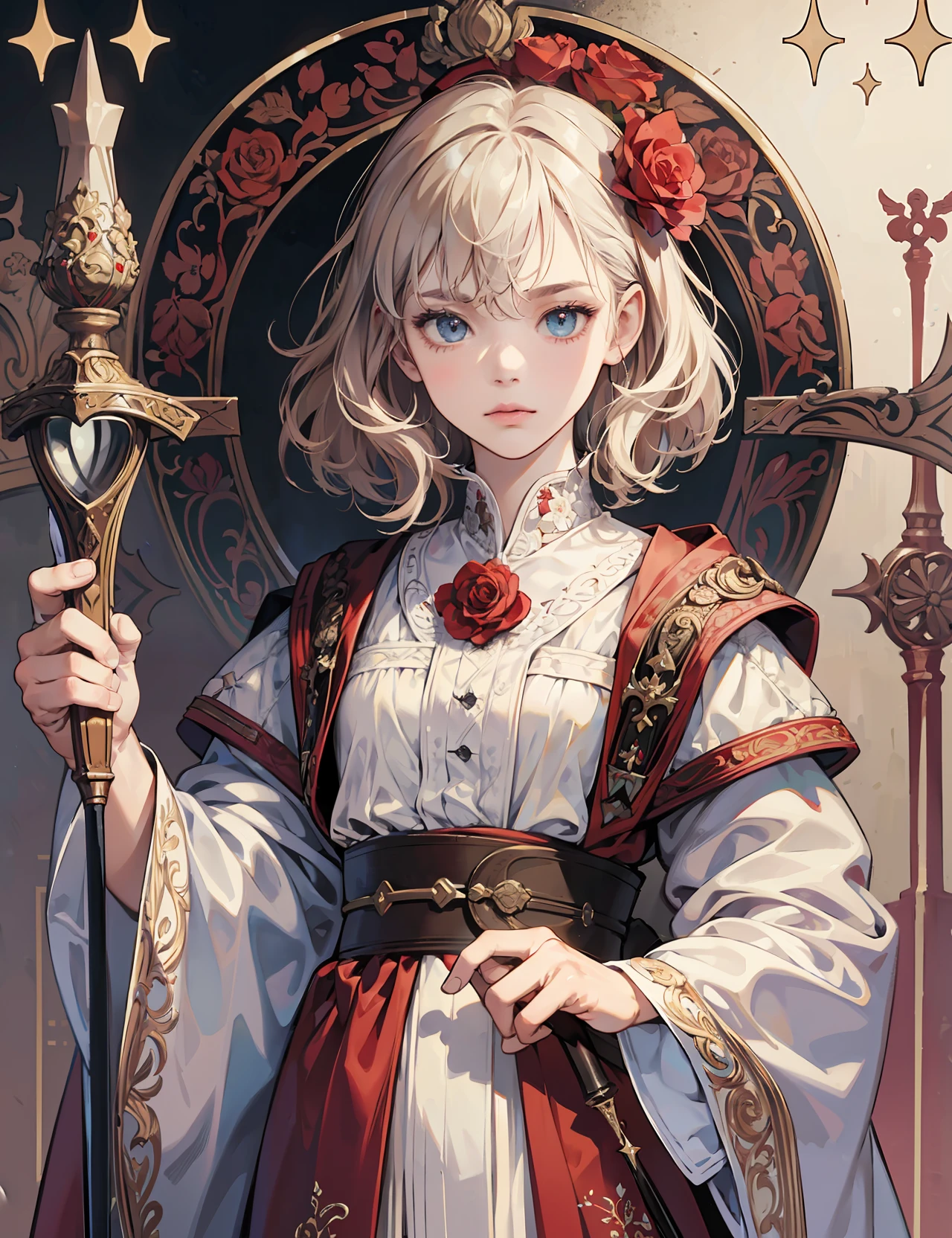 super fine illustration, realistic illustration, high quality, intricate detailed, masterpiece, masterpiece, best quality, Full body shot:1.5, full body shot:1.5,
1girl, solo, 12yo, cute face and eyes, Rose Madder hair, white-streaked hair, short hair, messy hair, cardinal robe, small breasts, white decorative glove, holding decorative wand,
cinematic, angry, style of dark fantasy, --auto --s2