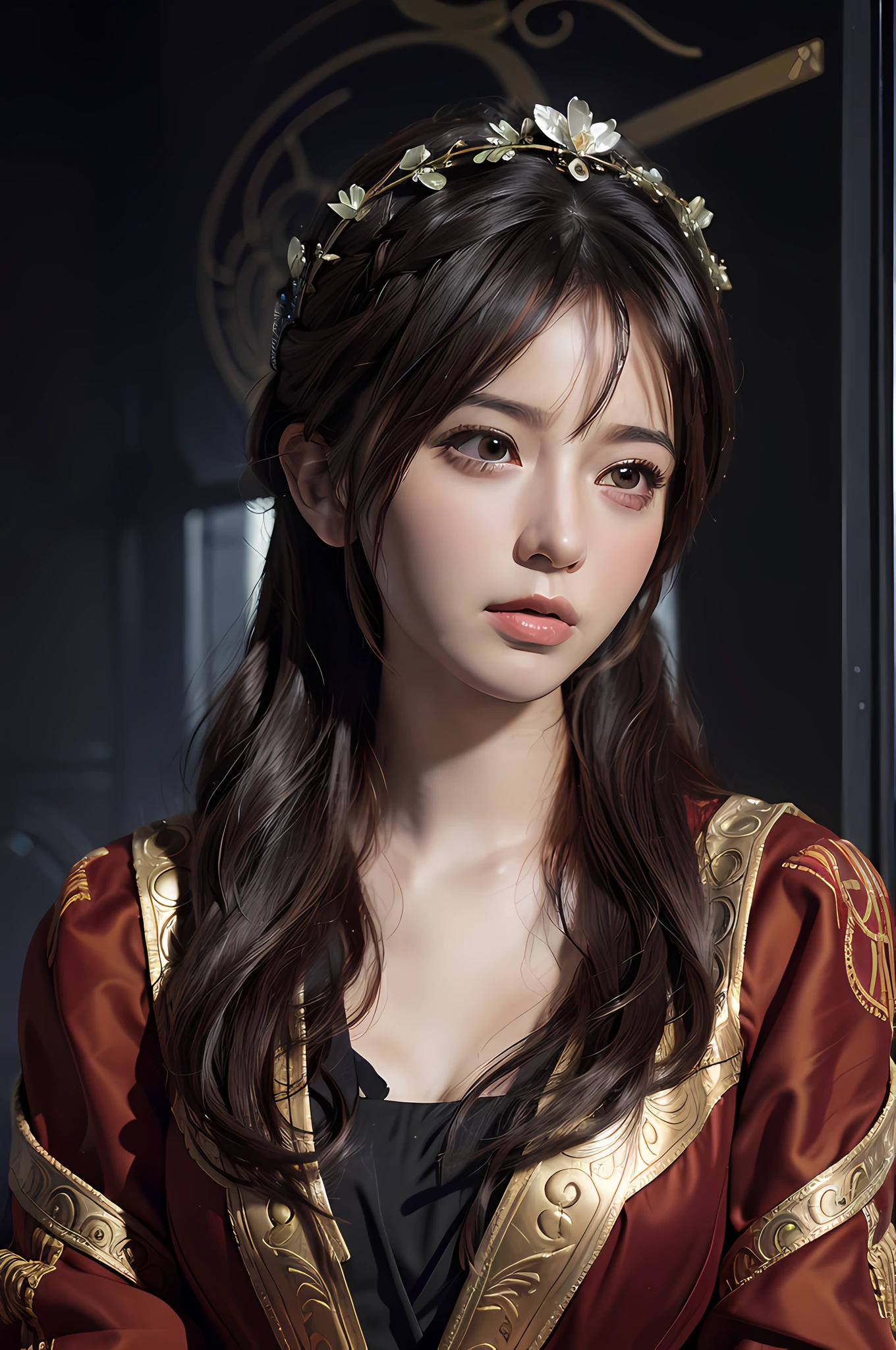 Portrait of a female hyperrealist by David Hockney and Alphonse Mucha, fantasy art, photorealistic, art station, poster, volumetric lighting, highly detailed face, 4k, award-winning, , 1girl, darkness, deep shadows, , Japan idol, long hair, black hair,