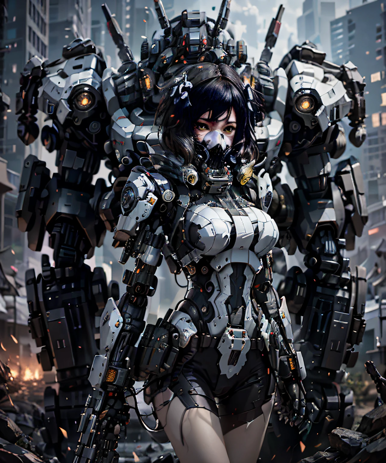 This is a CG Unity 8k wallpaper with ultra-detailed, high-resolution and top quality in cyberpunk style, dominated by black and red. In the picture, a beautiful girl with white messy short hair, a delicate face, wearing a steam mecha mask, standing on the ruins, behind her is a huge robot, and the action of a woman holding a heavy sniper rifle in her hand,