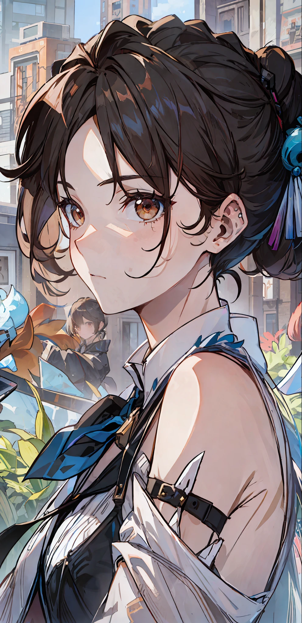 SushangV4, long hair, pigtail, hair ornament, high quality fanart, focus on face and expressions, bare shoulders, Chinese clothes, disheveled hair