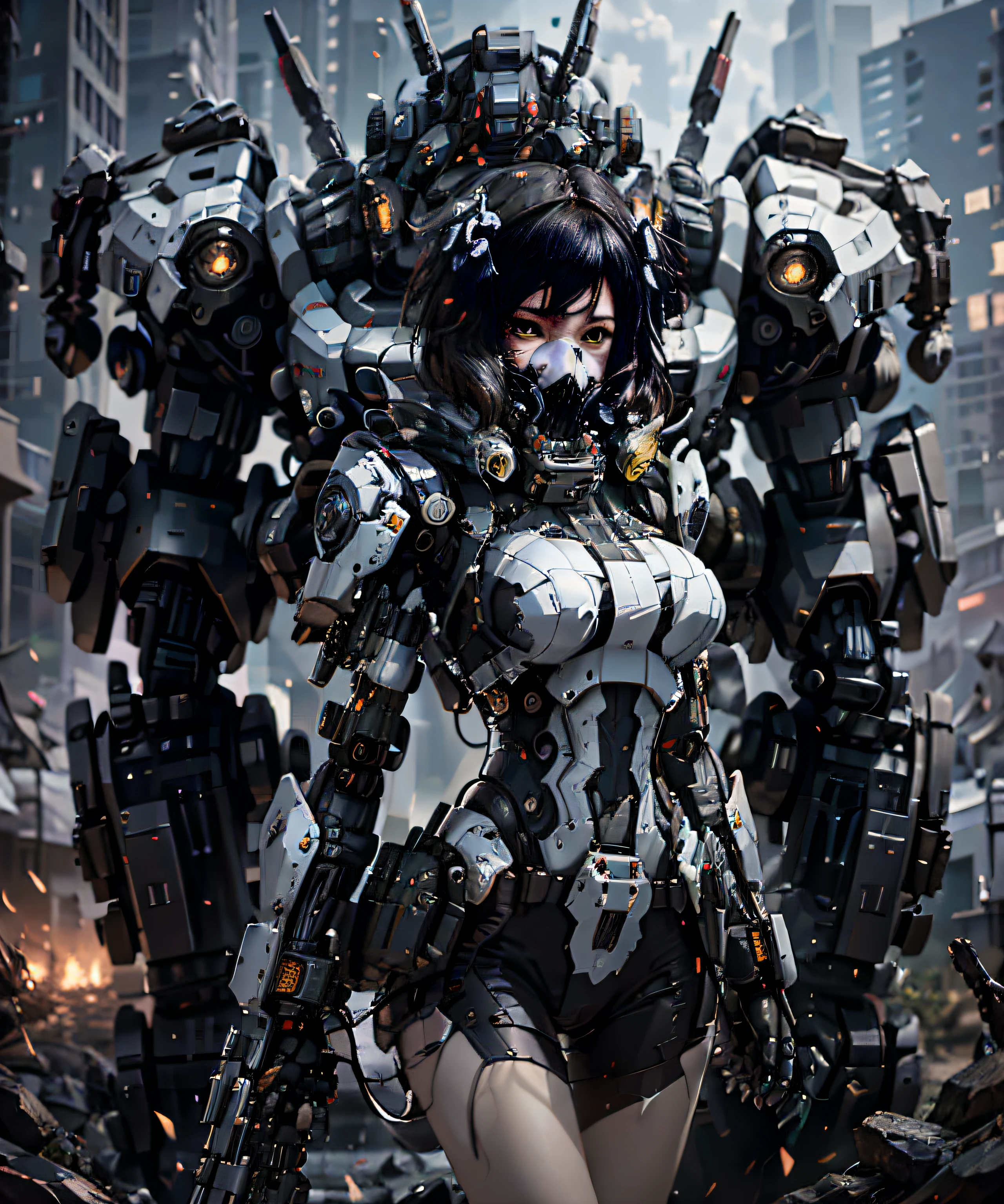 This is a CG Unity 8k wallpaper with ultra-detailed, high-resolution and top quality in cyberpunk style, dominated by black and red. In the picture, a beautiful girl with white messy short hair, a delicate face, wearing a steam mecha mask, standing on the ruins, behind her is a huge robot, and the action of a woman holding a heavy sniper rifle in her hand,