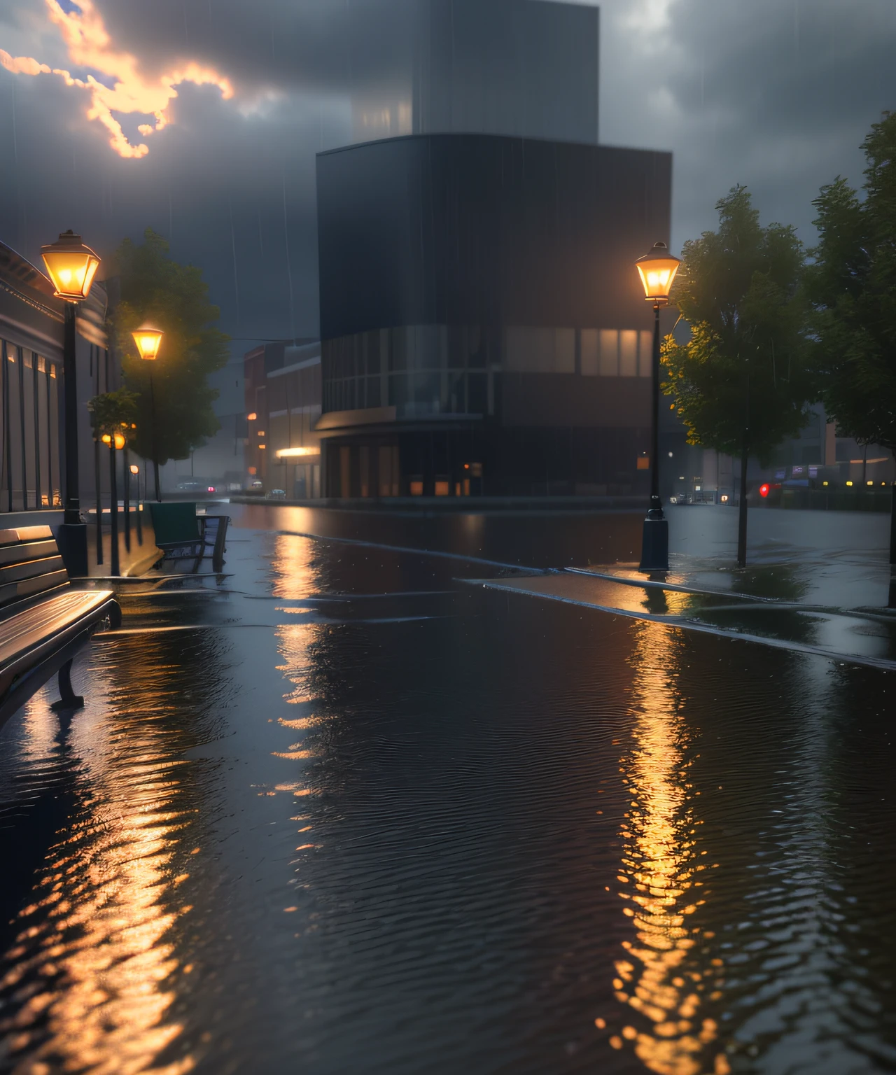 there is a bench that is sitting on the side of the water, photorealistic streetscape, rendered in povray, perspective 3 d octane render, realistic. octane render, volumetric render, atmospheric render, photorealistic render, rainy day. game render, very realistic 3 d render, rendered in vray, rendered in unreal engine 3d
