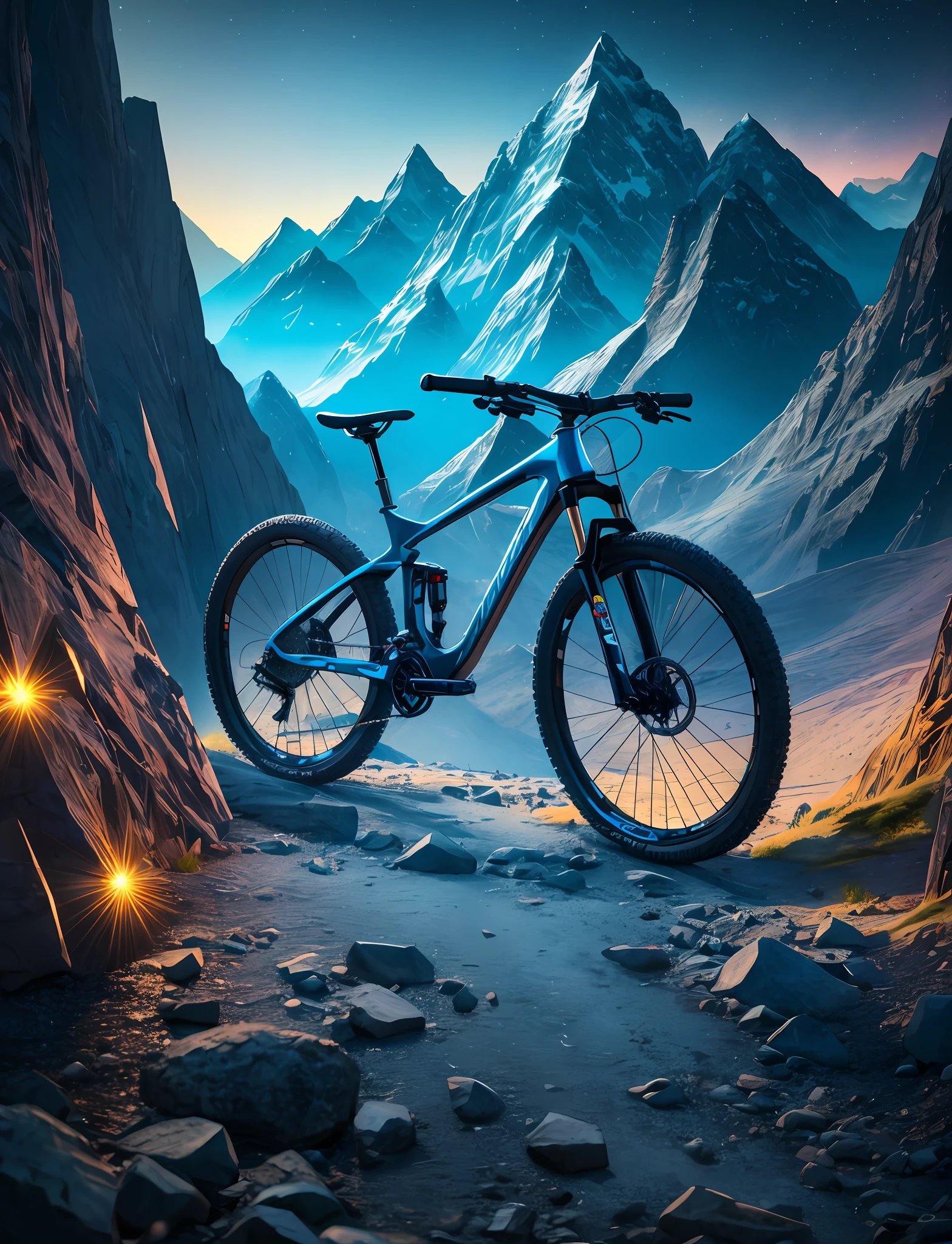 ((Masterpiece)), best photorealistic quality, extremely detailed and realistic rendering of a new concept of mountain bike, showcasing highly detailed abstract objects such as neon lights and LED, with a mesmerizing landscape background rendered in the highest resolution of 32K using HDR technology.