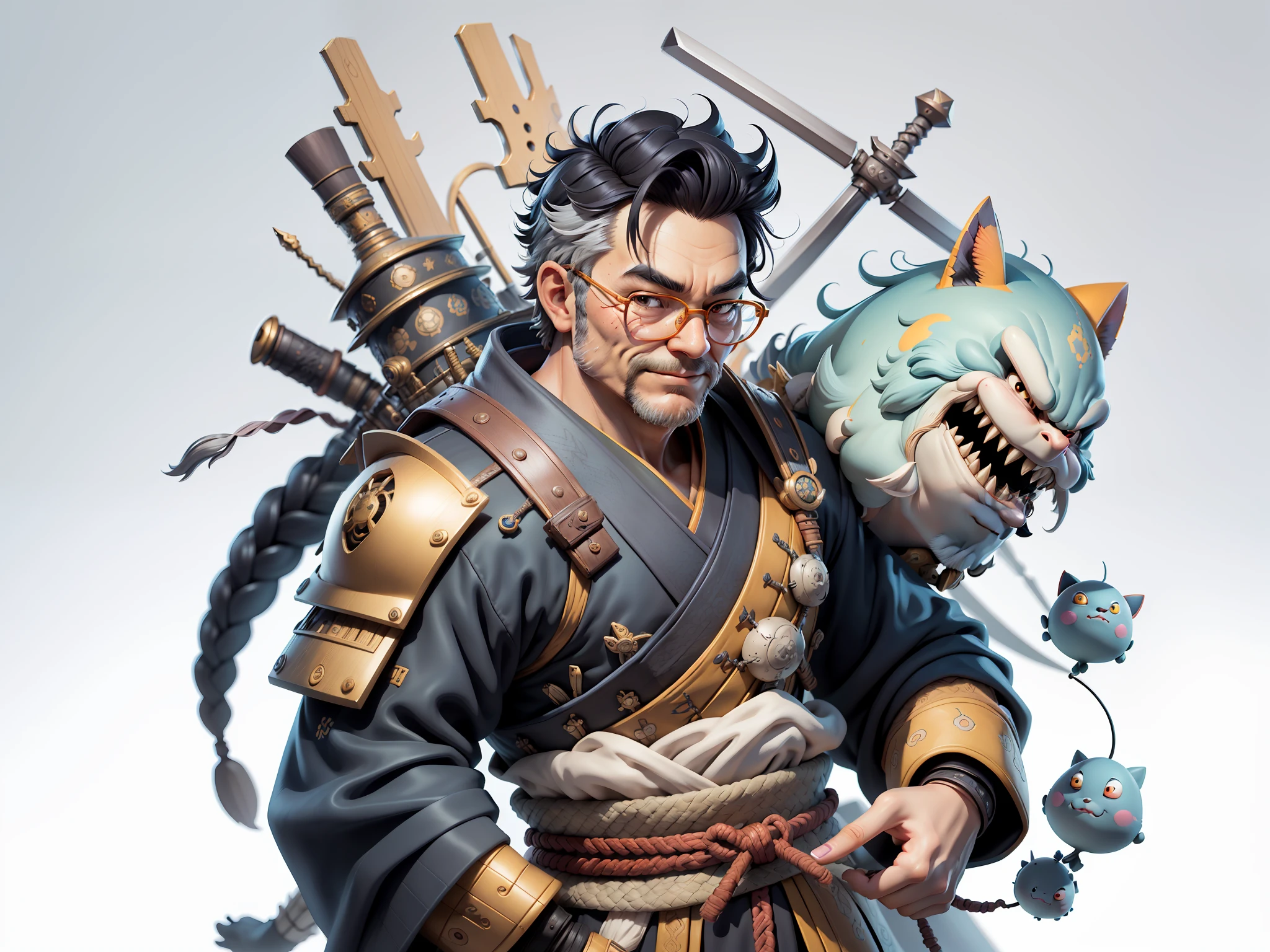 (Masterpiece), (Excellent), (Super Meticulous), (Full Body: 1.2), Super Young Man, Oriental Face, Japanese Samurai, Japanese Samurai Armour, Japanese Wind and Thor, TV Anchor, Bust Portrait Illustration, Alone, Black Suit, Blue Tie, Silver Glasses, Slightly Chubby Face, Very Clean Face, No Beard, Black Super Short Hair, Black Eyes, Confident Smile, 3c Computer Sub-Products, iPad, iPhone, Digital Painting, 3D Character Design by Mark Claireldon and Pixar and Hayao Miyazaki, The illustration is a high-definition illustration in 4K resolution with very detailed facial features and cartoon-style visuals.