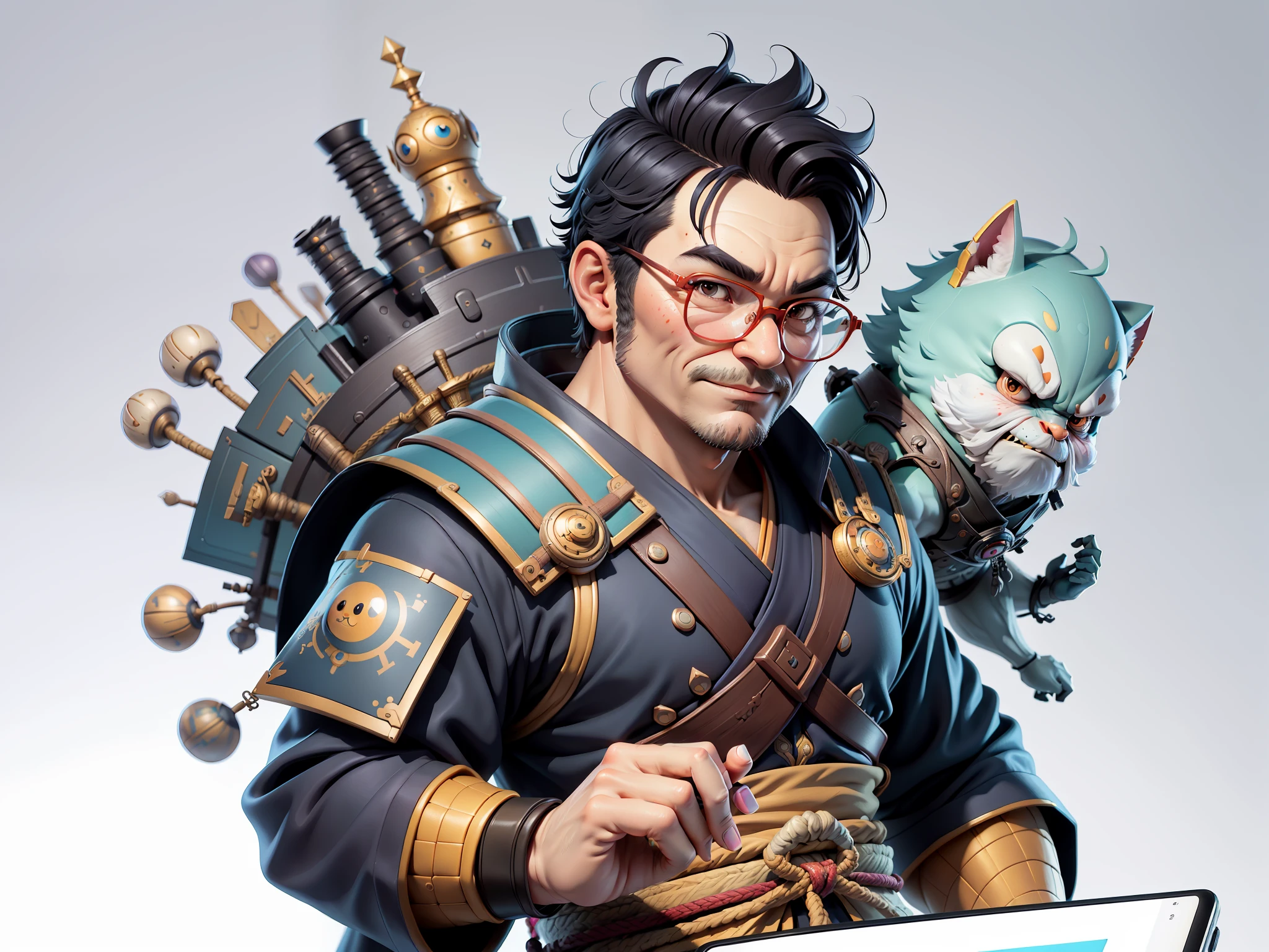 (Masterpiece), (Excellent), (Super Meticulous), (Full Body: 1.2), Super Young Man, Oriental Face, Japanese Samurai, Japanese Samurai Armour, Japanese Wind and Thor, TV Anchor, Bust Portrait Illustration, Alone, Black Suit, Blue Tie, Silver Glasses, Slightly Chubby Face, Very Clean Face, No Beard, Black Super Short Hair, Black Eyes, Confident Smile, 3c Computer Sub-Products, iPad, iPhone, Digital Painting, 3D Character Design by Mark Claireldon and Pixar and Hayao Miyazaki, The illustration is a high-definition illustration in 4K resolution with very detailed facial features and cartoon-style visuals.