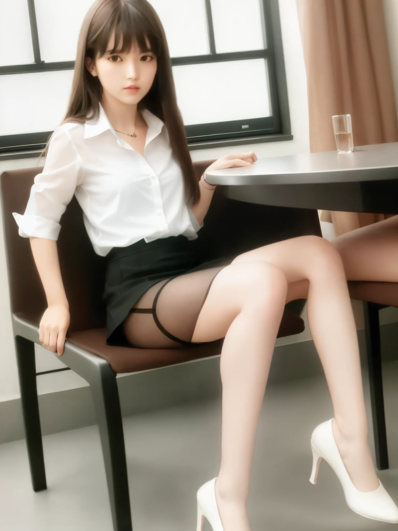 (8K, RAW Photography, Best Quality, Masterpiece: 1.2), (Realistic, Photorealistic: 1.37), Best Quality, Ultra High Resolution, Photon Mapping, Radiosity, Physically Based Rendering, Blur, Foreground, Depth of Field, Blurred Background, Photo_\ (Medium), Motion Blur, Girl, (Full Body), Sitting on a Chair of the Machine, Sitting with Open Legs, long legs, slender legs, long hair, bangs, (bangs visible), hair_ornament, lips, hair clip, solo, brown_eyes, nosesoft, sheer white blouse, miniskirt, stockings, loafers,