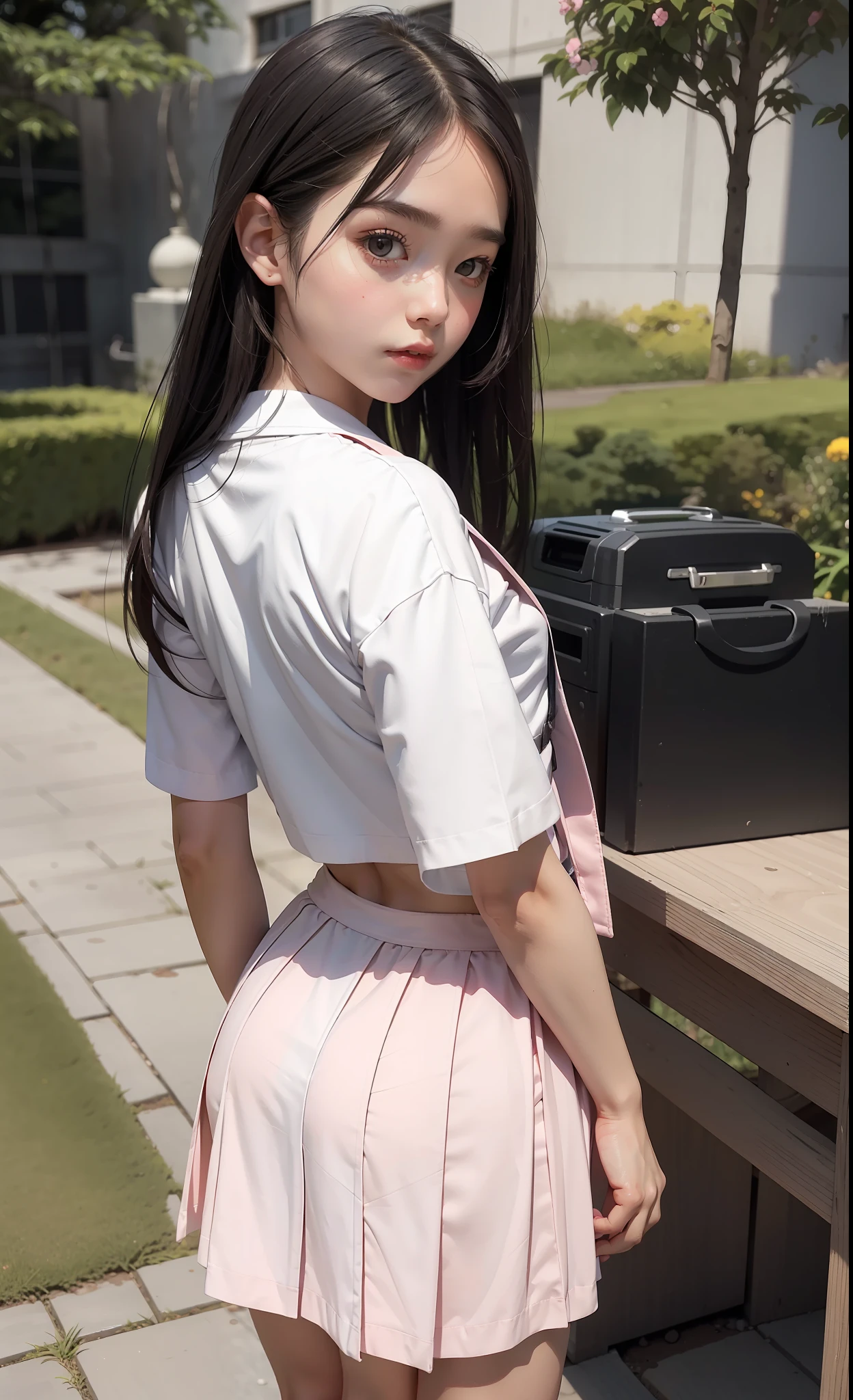 concept art, small chest, hips, look at viewer, turing back, showing butt, skirt up, lifting skirt,  shy blush face, sexual expression, 1 girl, wearing white school top, Japanese school dress, unconcerned, NSFW, quality, in the garden, loli, contrast, dark, little chubby