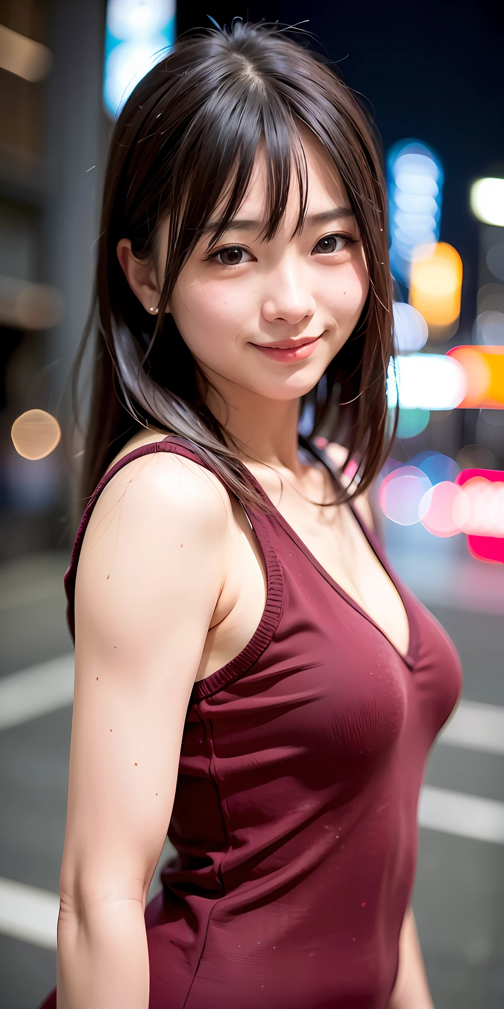 1girl, Tokyo street,night, cityscape,city lights,upper body,close-up,smile,, (8k, RAW photo, best quality, masterpiece:1.2),(realistic, photo-realistic:1.37),