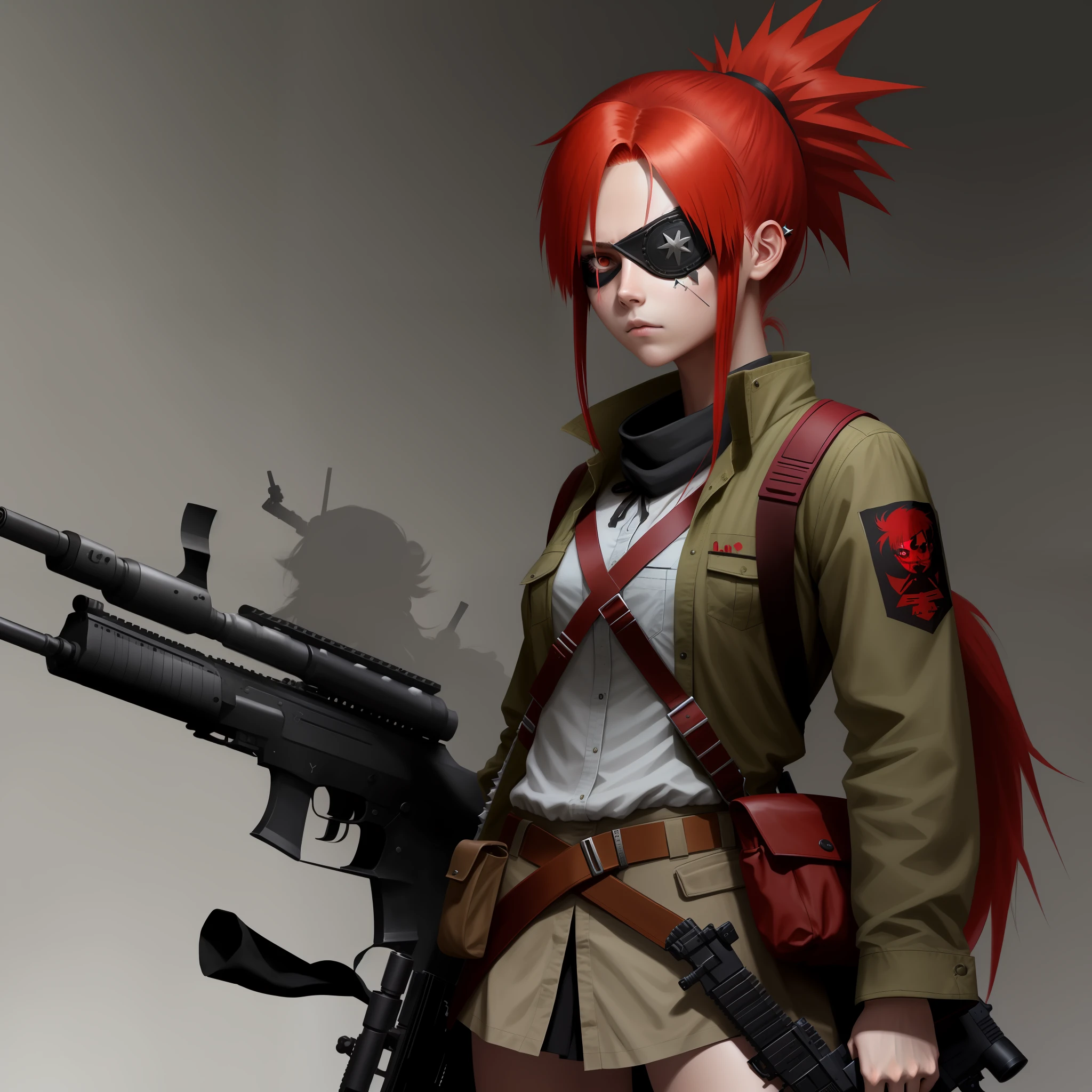 A girl, long red spiky hair tucked into a ponytail, an eye patch on her left eye, a rifle in her hands, full height