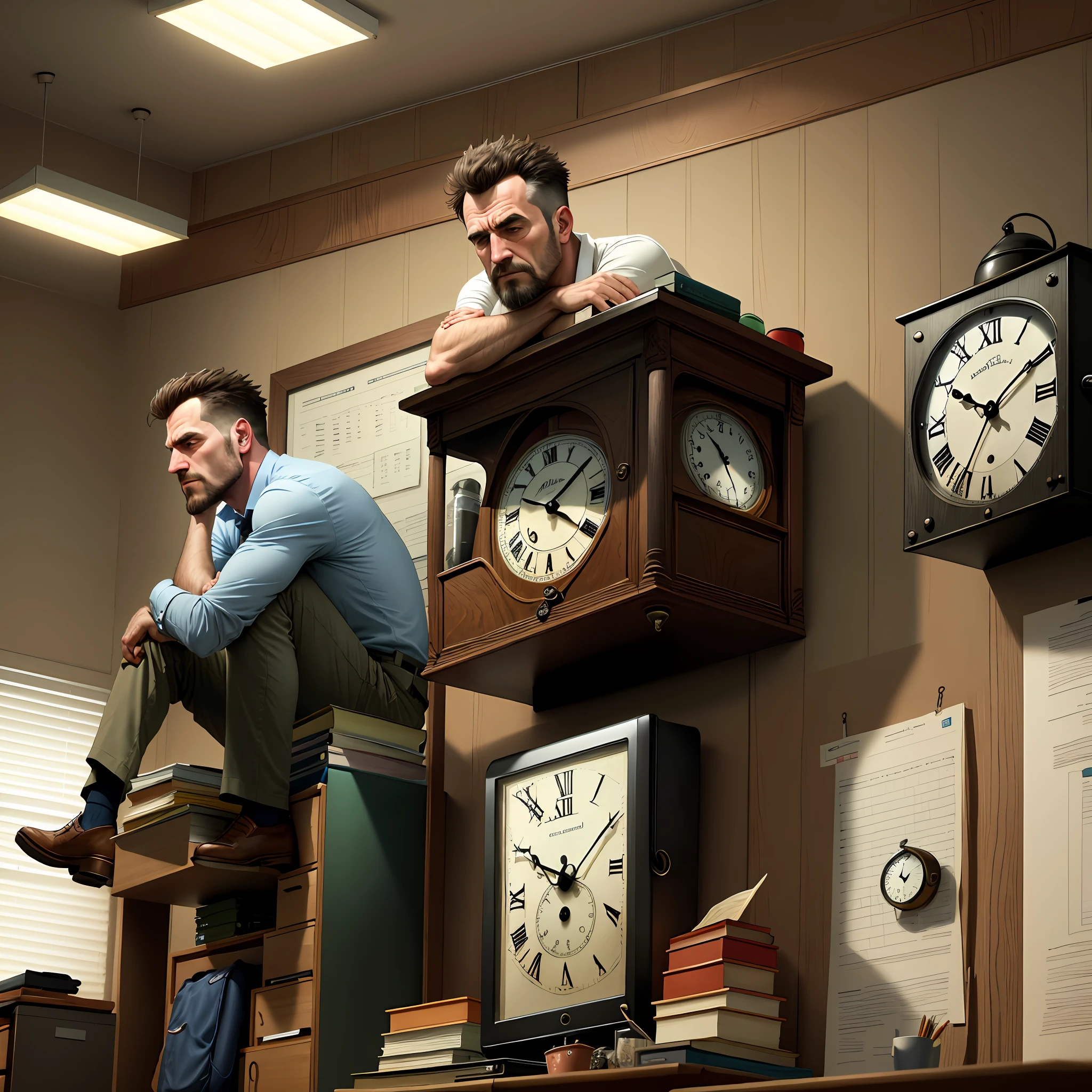 Image of an exhausted man, man working at his desk, exhausted. Suffering. Clock on the wall.