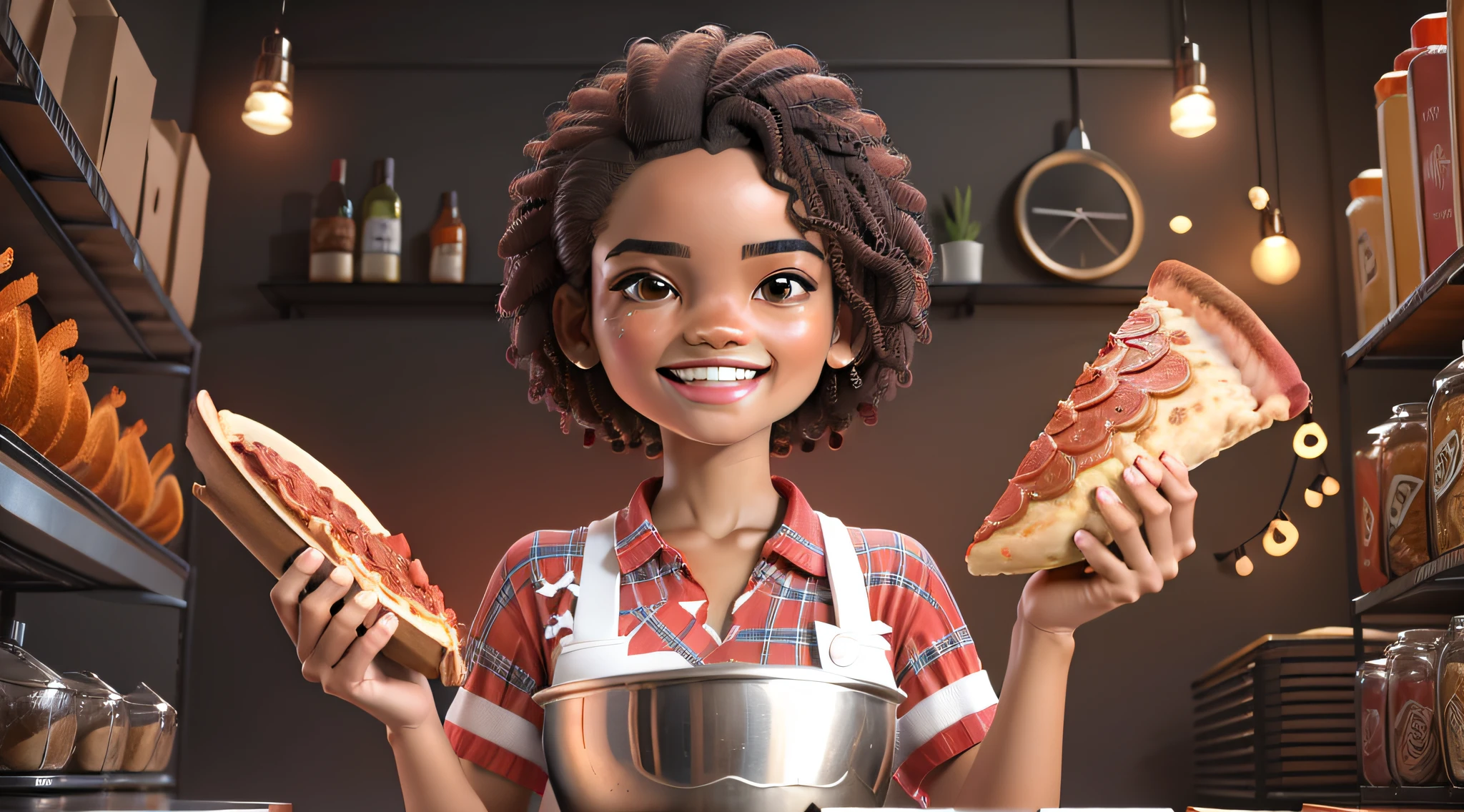 Afro Brazilian girl smiling with burrow in head baking pizza with chef's outfit Infinite red background blurred cinematic