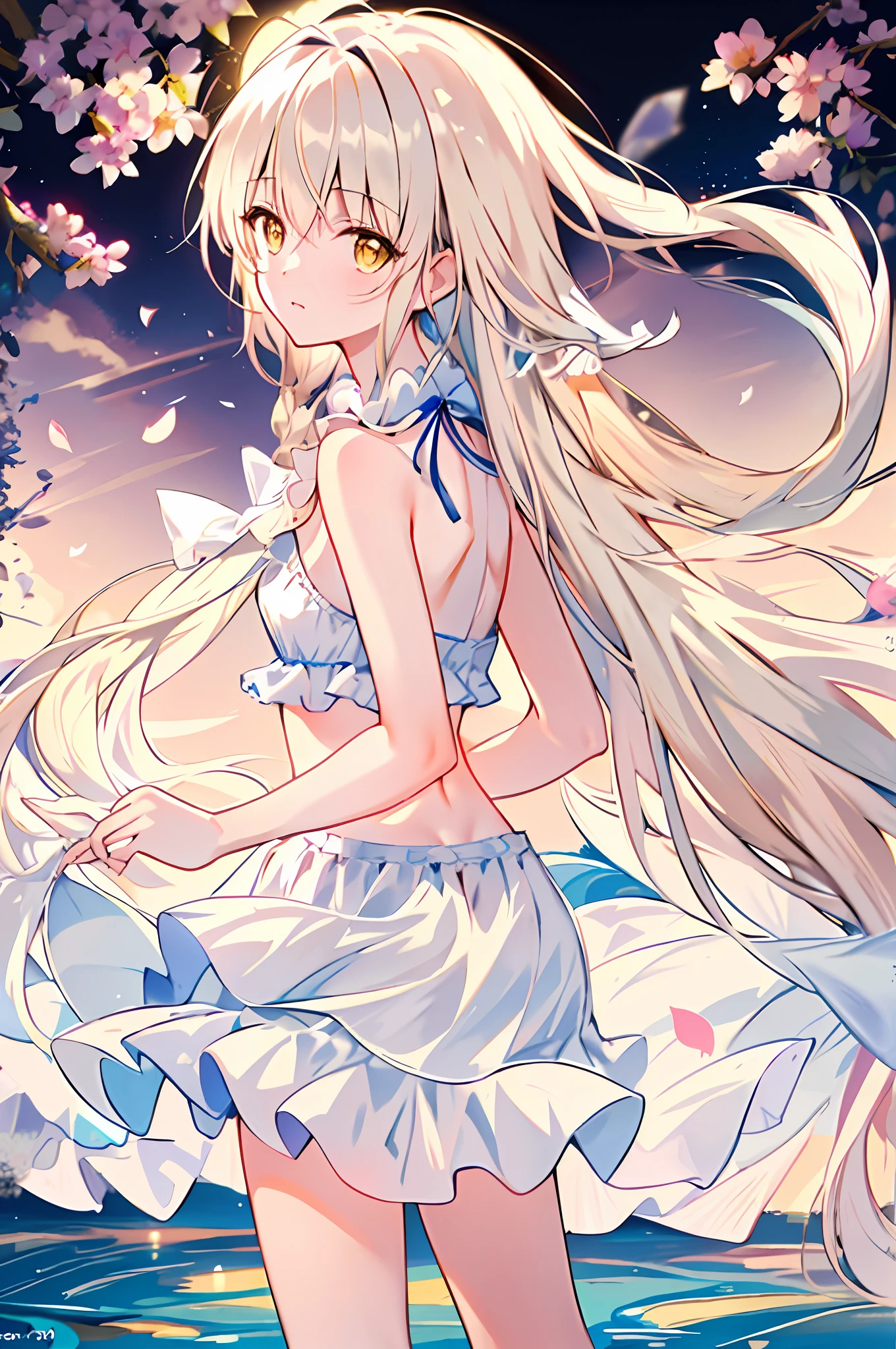 (Highest picture quality), (Master's work),(Detailed eyes description),(Detailed face description)(back view), 1girl, yellow eyes, (very long hair),very long hair (floating in the wind), back-view, looking back, hair ornament, flower hair ornament. head band, ribbon, , white lingerie, lingerie, miniskirt, garter belt, navel, visible navel, visible shoulders, blush, pond, petals (lens flare), walking on pond, water reflection, pond, cleavage, medium breast, aurora sky, night sky, galaxy sky, horizon, mountains, forest, moon, (cover-style:1.3), fashionable, woman, vibrant, swimwear outfit, posing, front, colorful, dynamic, background, elements, shy, expression, holding, statement, accessory, majestic, coiled, around, touch, scene, attention-grabbing, catchy, modern, trendy, focus, fashion, realistic lighting, extreme blushing