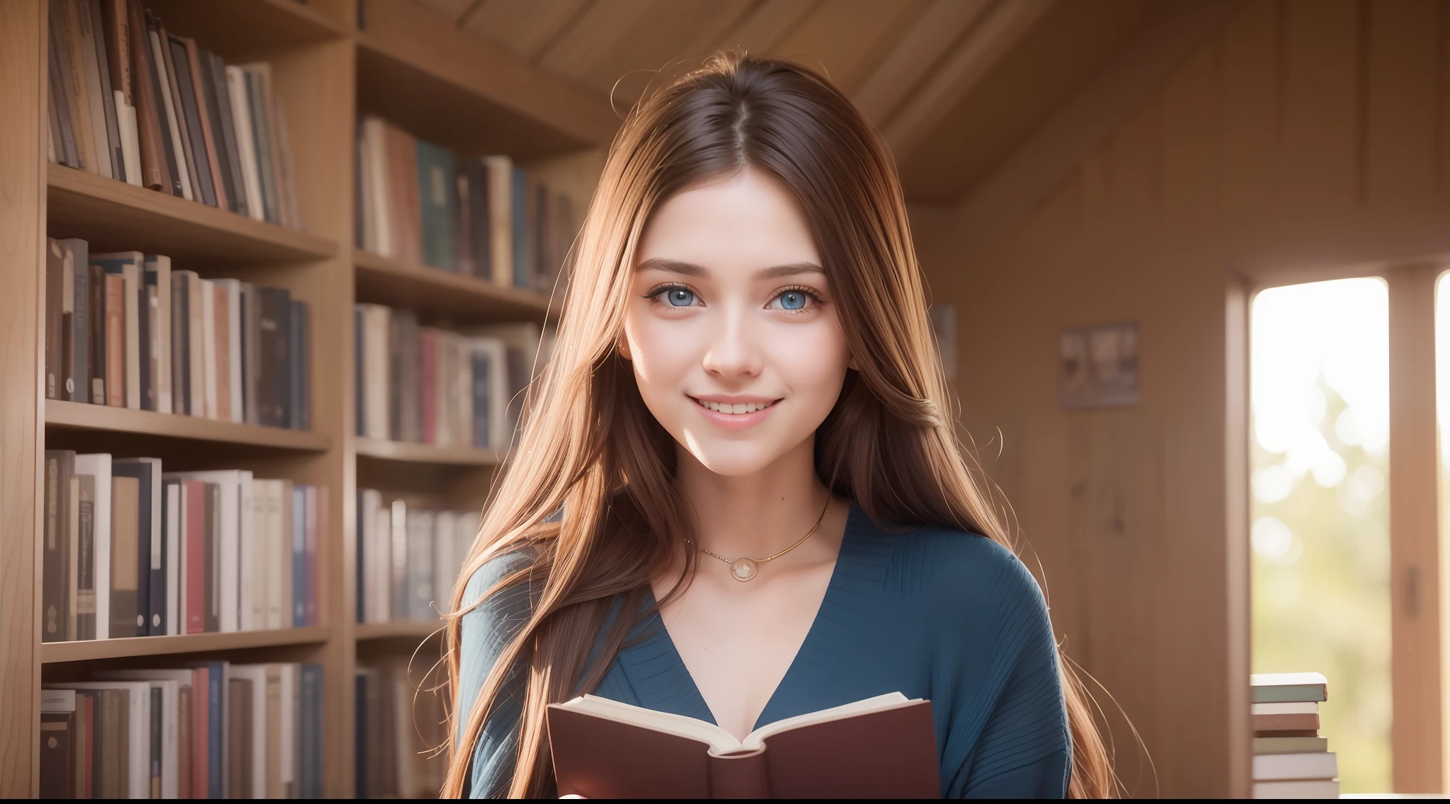 Young woman, long brown hair that falls gently in waves. Big, blue eyes, average height. elegant clothes with touches of creativity and originality, natural skin, clothing details, house library, studying book, smiling, happy, showing teeth in smile, 8k texture, highly detailed, realistic, soft cinematic light, HDR, focus sharp, masterpiece, photorealistic, award-winning photography, 35mm,