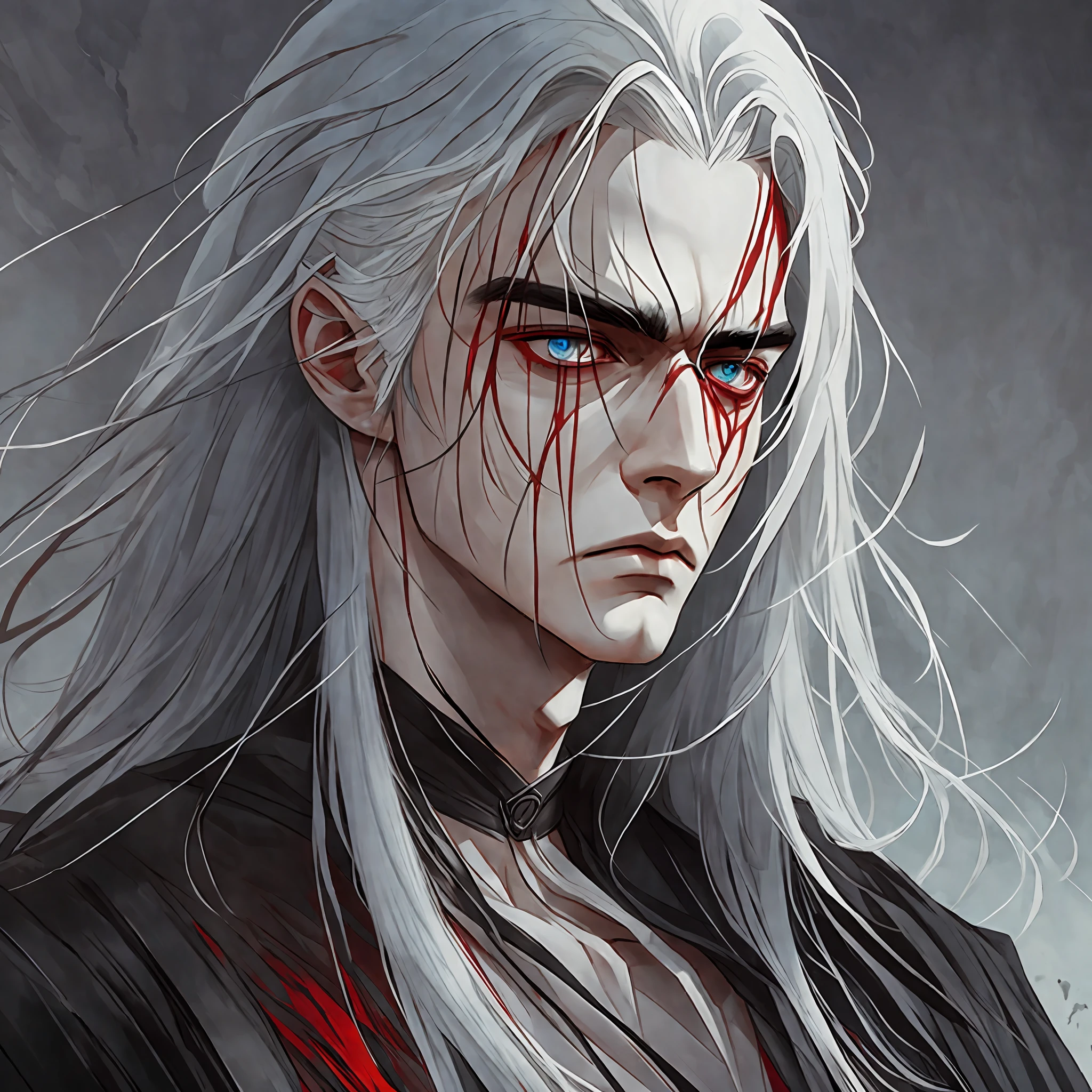 A man, greenish and dirty skin, long hair up to the neck, straight white hair, especially black, Dark scene, Shot in 16K resolution, high resolution, anatomically realistic digital painting, very detailed human skin, very detailed eyes, threatening and cold eyes, facial expression of contempt, around him has several terrifying shadows, shade of red on the clothes,   shade of red in the background --auto --s2