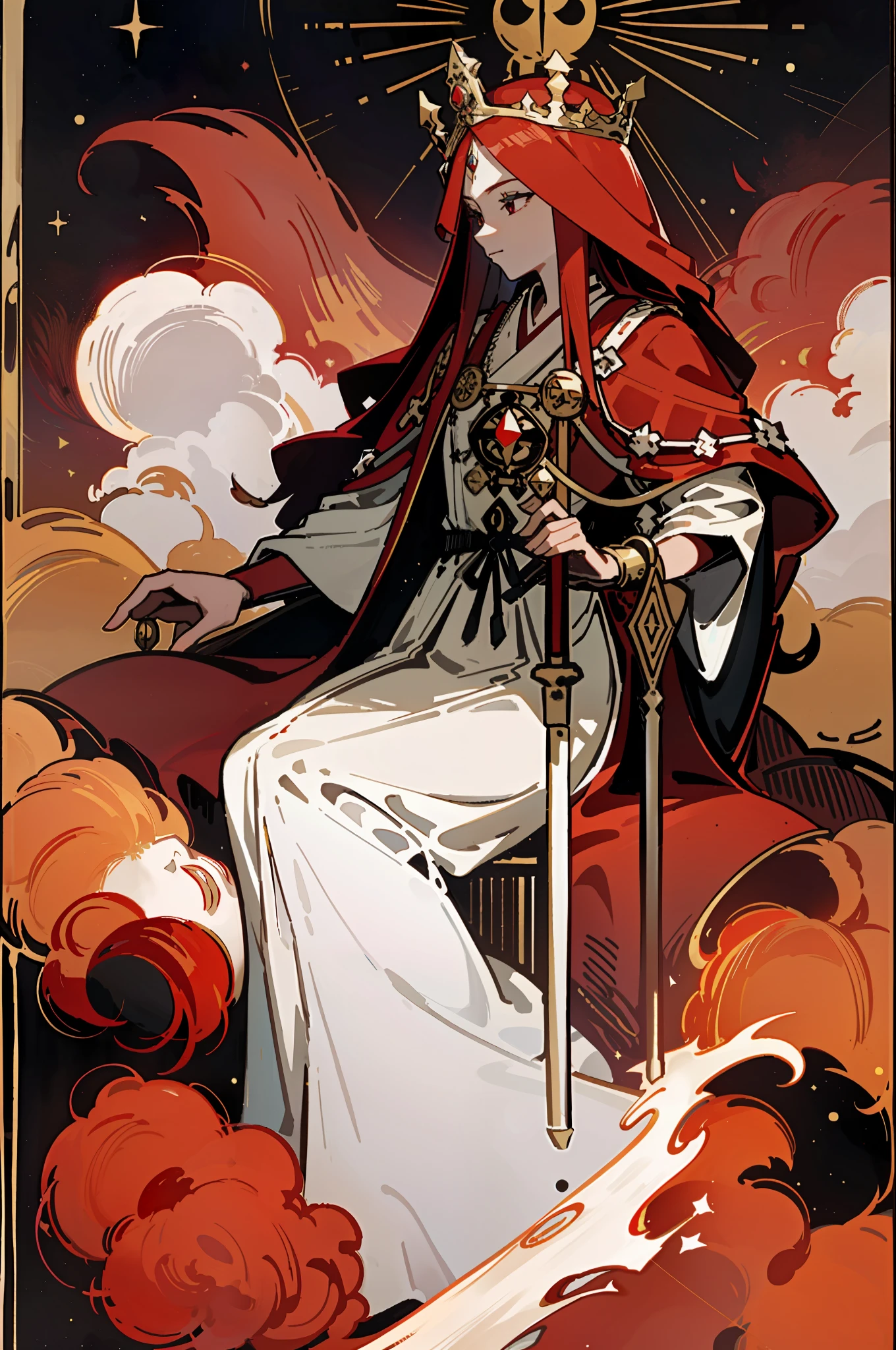 Ultra-clear picture quality, tarot cards, queen, royal sister, long hair, red robe, nebula surrounding