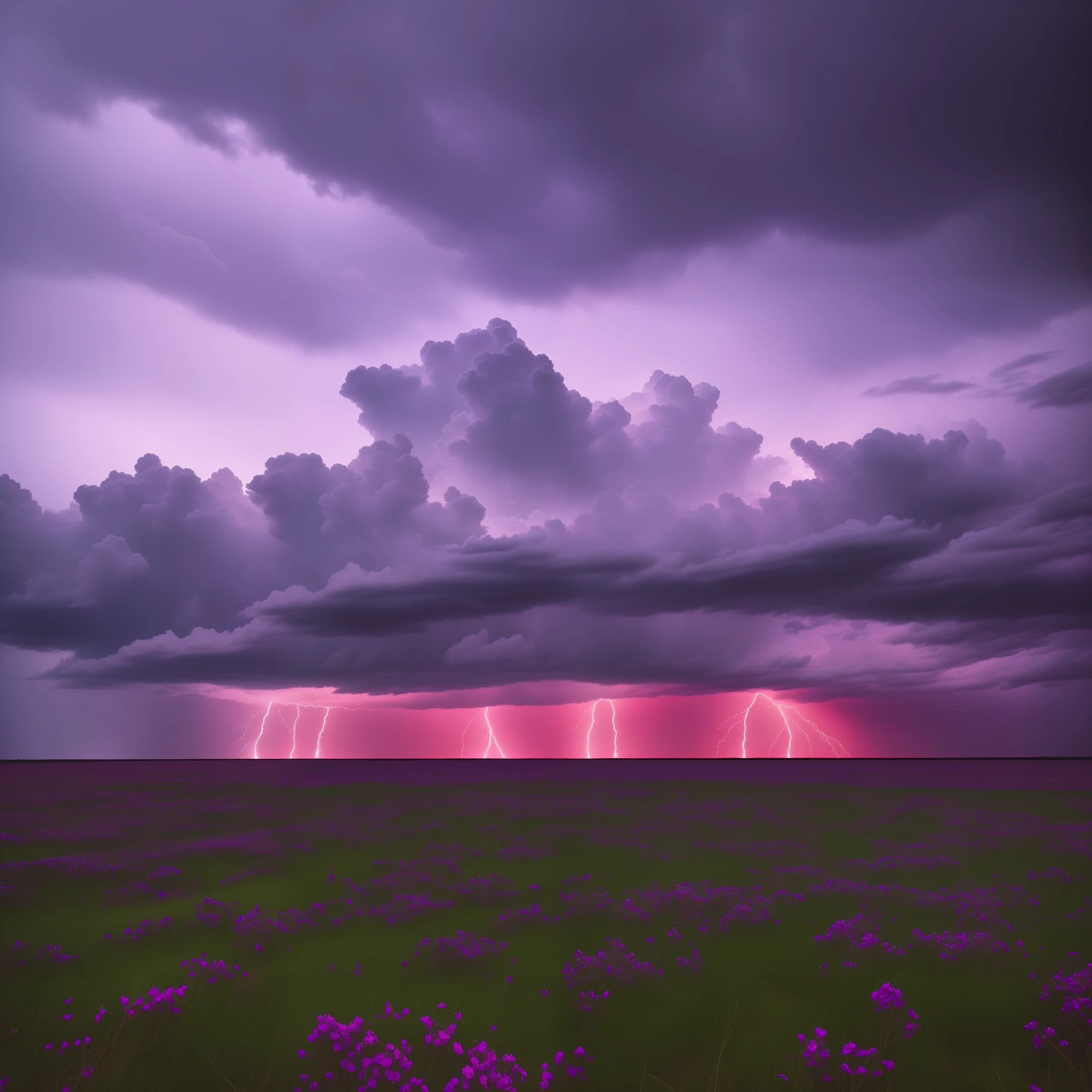 Photography, create a vision of an apocalyptic storm, at the end of the world, with dark clouds, in shades of red, green and violet, purple rays --auto --s2