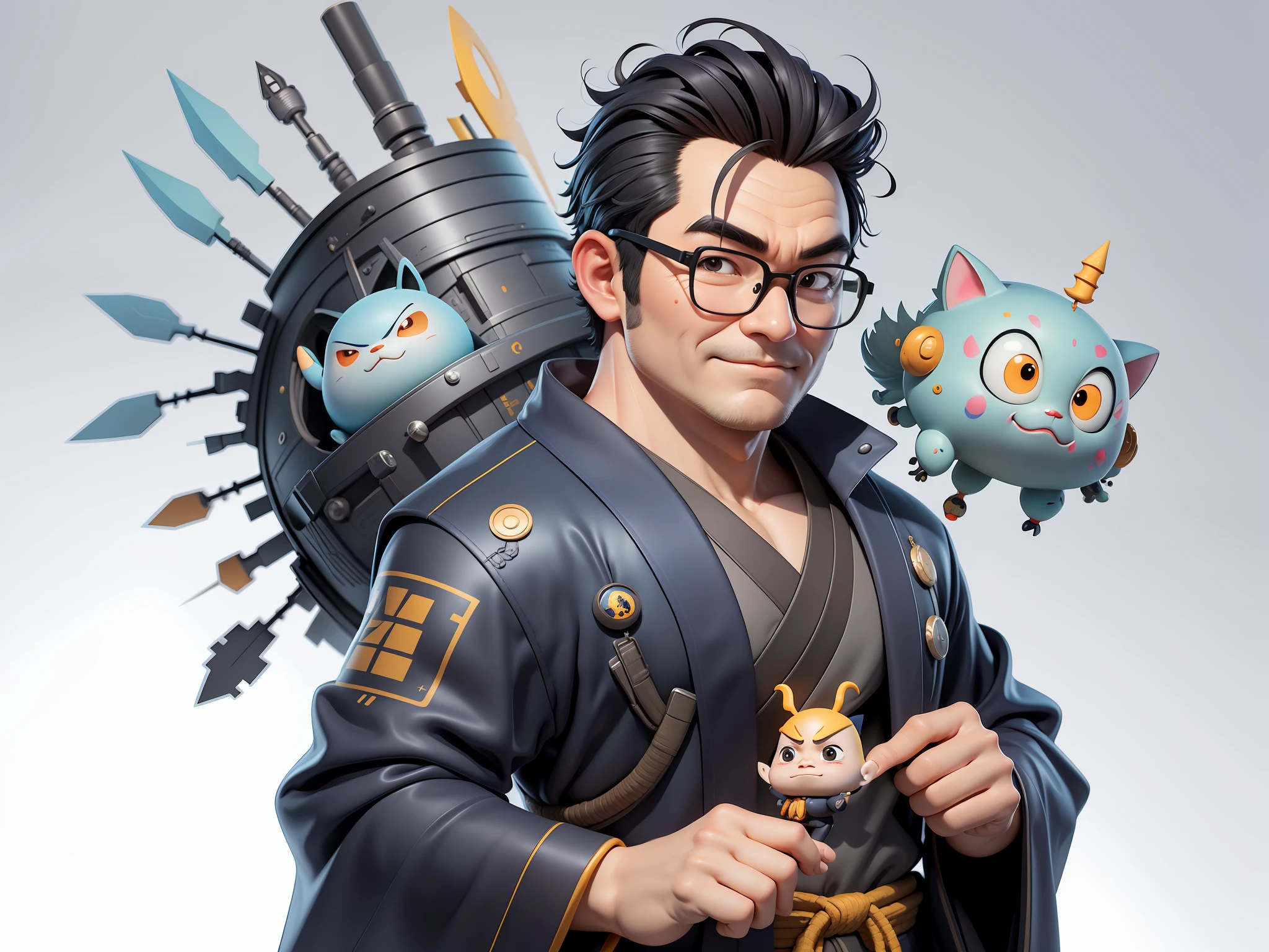 (Masterpiece), (Extreme Quality), (Super Meticulous), (Full Body: 1.2), Super Young Man, Oriental Face, Japanese Kimono, Japanese Wind and Thor, TV Anchor, Bust Portrait Illustration, Alone, Black Suit, Blue Tie, Silver Glasses, Slightly Chubby Face, Very Clean Face, No Beard, Black Super Short Hair, Black Eyes, Confident Smile, 3c Computer Sub-Products, iPad, iPhone, Digital Painting, 3D Character Design by Mark Clairenden and Pixar and Hayao Miyazaki, The illustration is a high-definition illustration in 4K resolution with very detailed facial features and cartoon-style visuals.
