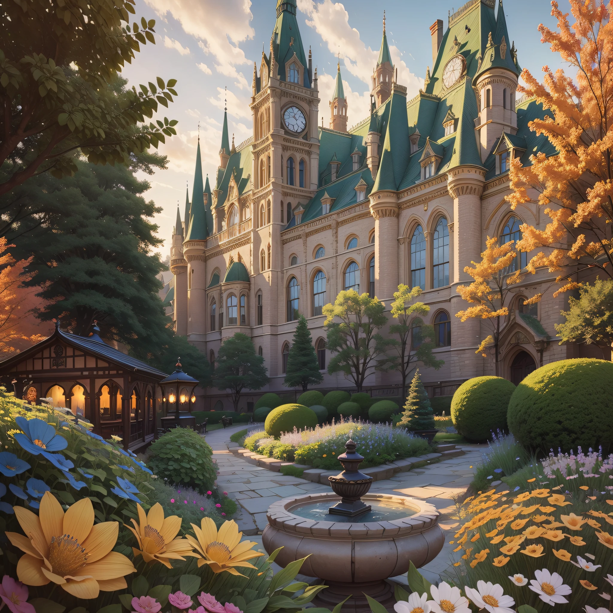 A mesmerizing fantasy kingdom nestled in the heart of Victoria and Halifax, adorned with intricate Victorian architecture, towering spires, and elegant archways. The kingdom's grand palace stands proudly at the center, featuring ornate carvings, stained glass windows, and a majestic clock tower. The surrounding streets are lined with cobblestones, gas lamps casting a warm glow, and blooming gardens filled with vibrant flowers. The kingdom is bustling with life, as carriages pass by, and people in elaborate period clothing engage in lively conversations. The sky above is clear, revealing a breathtaking sunset, painting the scene in hues of gold and orange. This scene is captured through the lens of a high-resolution digital camera with a wide-angle lens, showcasing the intricate details and capturing the vastness of the kingdom. --ar 16:9 --v photography