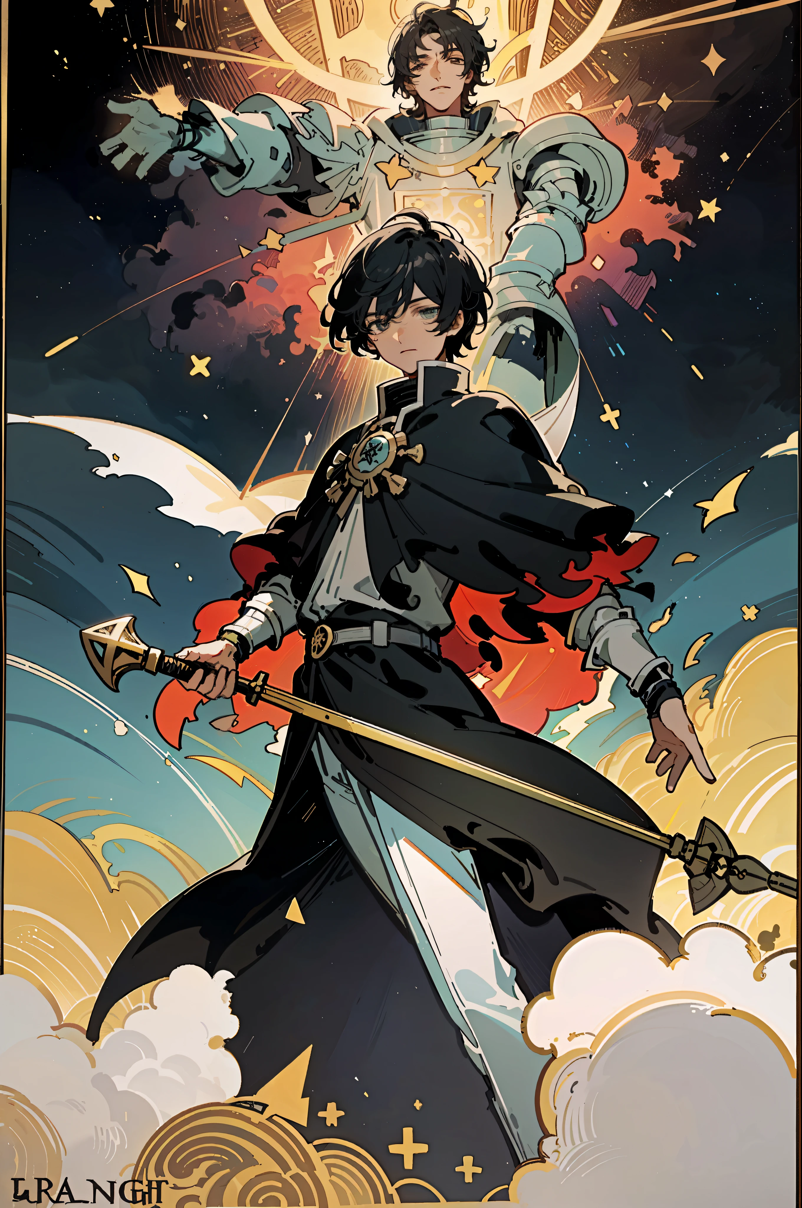 Ultra clear picture quality, tarot cards, knights, youth, short hair, sunny handsome, black hair, surrounded by nebulae