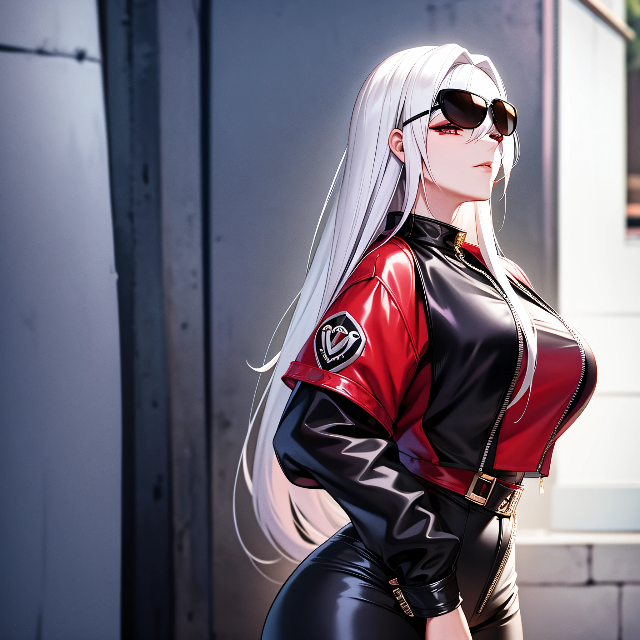 Hentai anime woman in an alley wearing biker clothes and sunglasses, white hair with reds, wolf, detailed