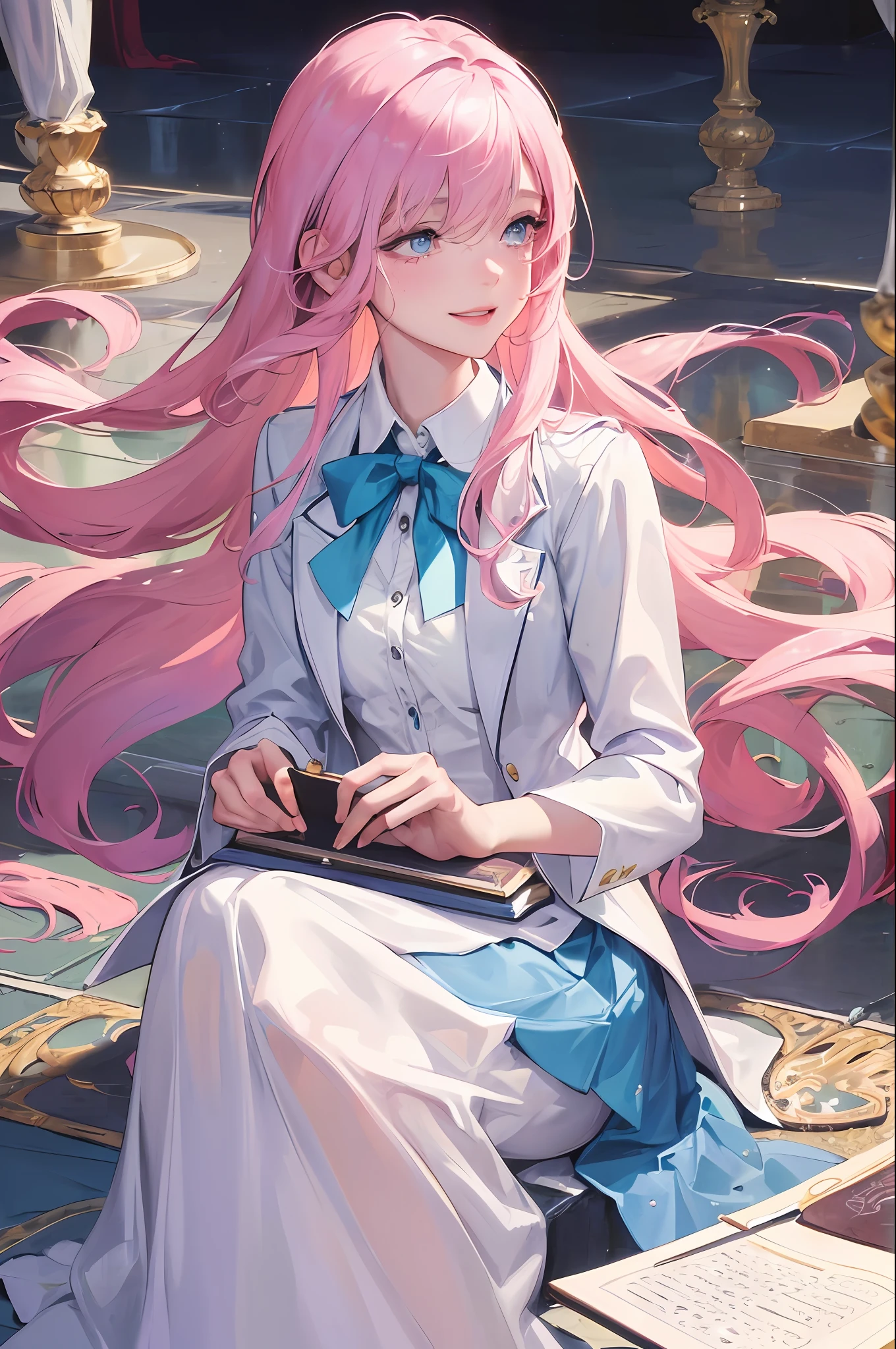Official Art, Masterpiece, Sharp Focus, (Beautiful Gorgeous Cute Woman:1.3), (Beautiful Cute Woman:1.3), Delicate and Beautiful Hair and Eyes and Face, Realistic, Very Detailed, Beautiful Woman, Magic Class, (Side Lighting:1.2), Sunlight, Magic Floating Book, Thin, ((Smile with eyes, open eyes)), Building, Long straight hair, (Vision: 1.7), Dynamic hair, Detailed platinum pink hair, Radiant blue eyes, Crying face, Crying corners of the mouth, Colorful magic school uniform, sitting on the floor and drawing magic circles,