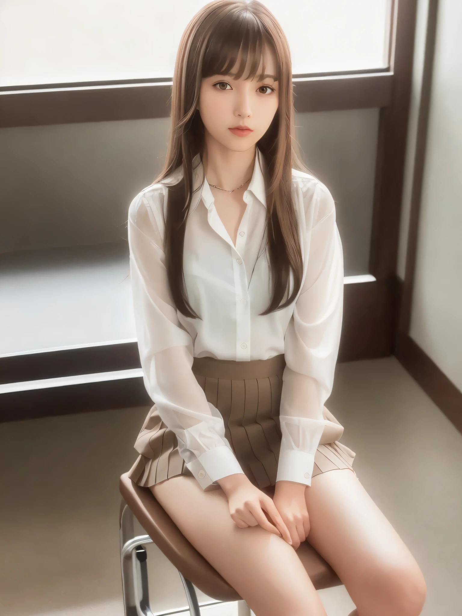 (8K, RAW Photography, Best Quality, Masterpiece: 1.2), (Realistic, Photorealistic: 1.37), Best Quality, Ultra High Resolution, Photon Mapping, Radiosity, Physically Based Rendering, Blur, Foreground, Depth of Field, Blurred Background, Photo_\ (Medium), Motion Blur, Girl, (Full Body), Sitting on a Chair of the Machine, Sitting with Open Legs, long legs, slender legs, long hair, bangs, (bangs visible), hair_ornament, lips, hair clip, solo, brown_eyes, nosesoft, sheer white blouse, miniskirt, stockings, loafers,