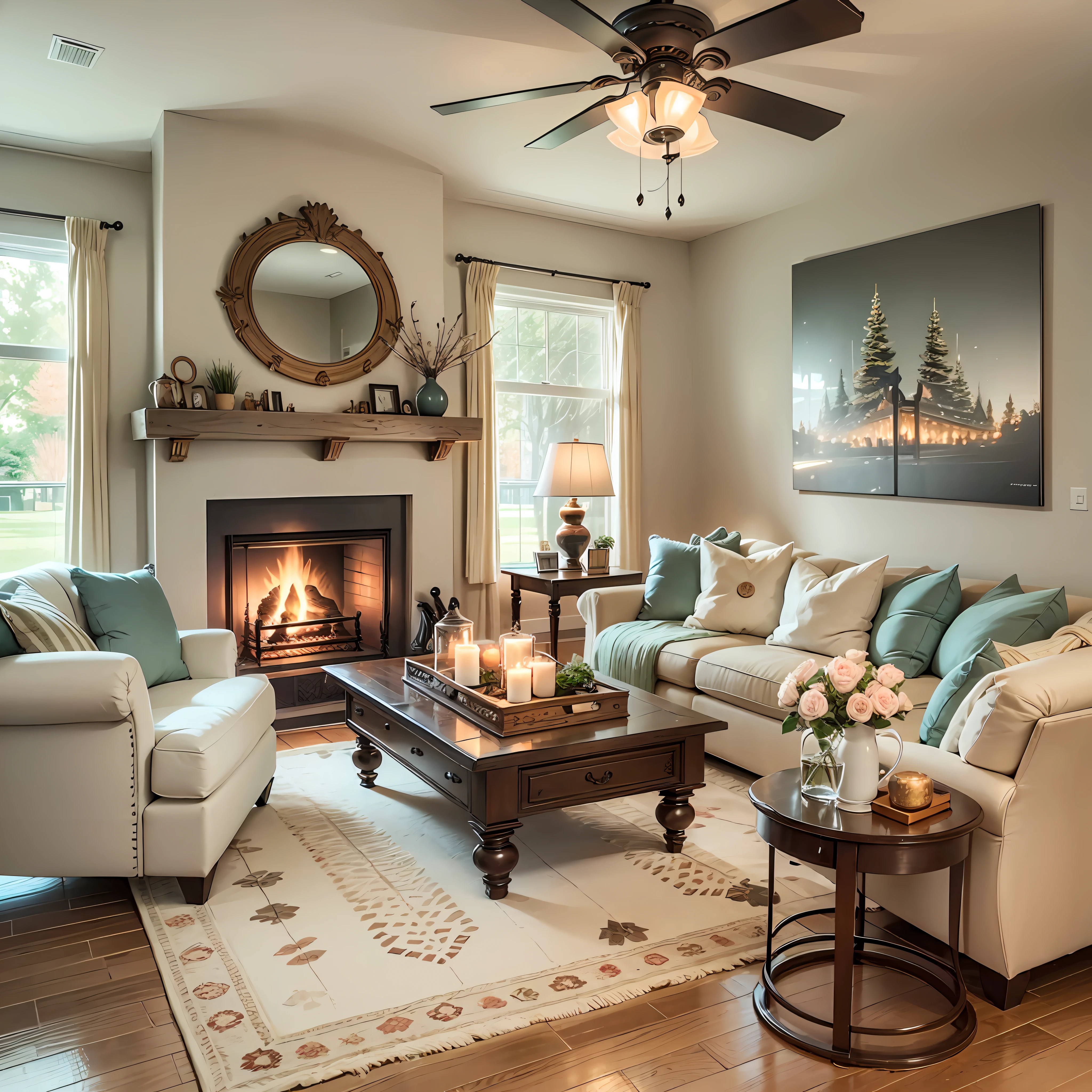 A cozy living room with a fireplace and warm lighting --auto --s2