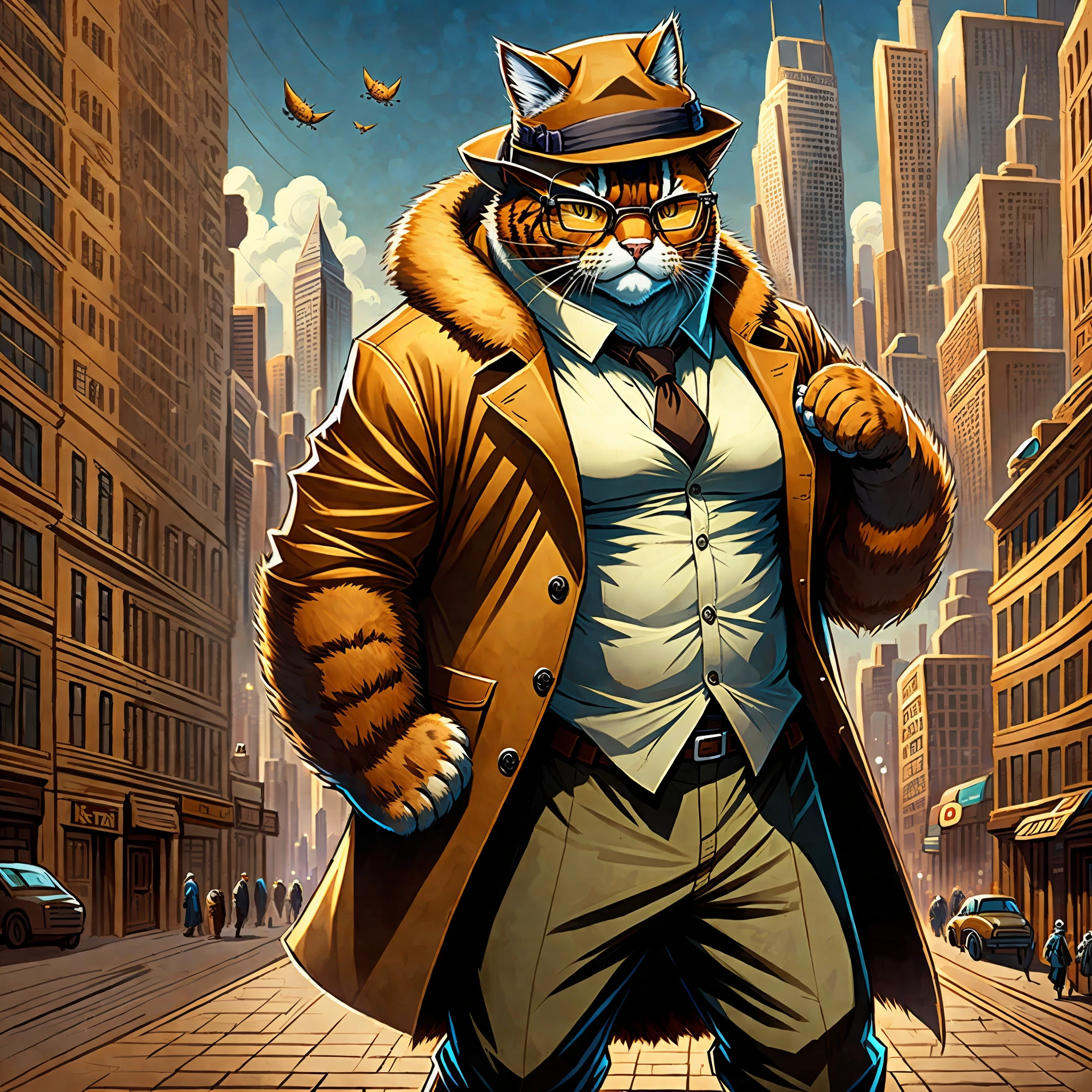 fully body big gangster cat with brown fur, that is wearing a trenchcoat and a hat, also have reading glasses on, full background is a city, slightly comic art --auto --s2