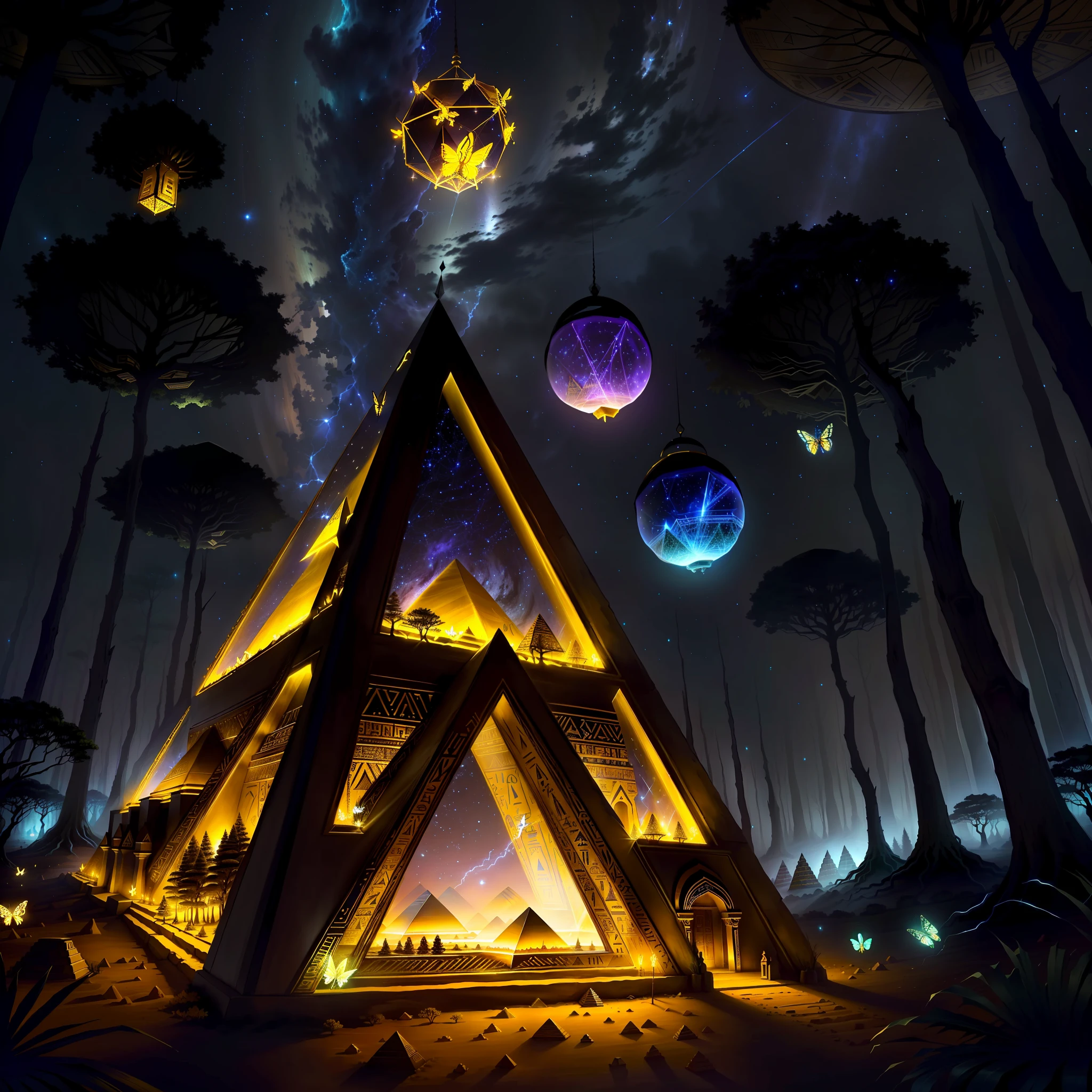 draw an Egyptian pyramid at night in an ancient forest, with tree spirits in spherical glass cages, twinkling, poetic lights, with fireflies and butterflies shining, 4k, HDR, animated