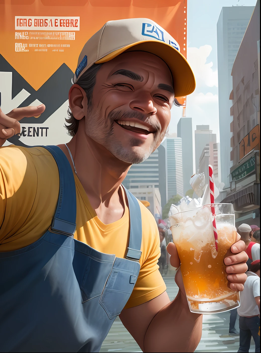 Create a character for an ice cream shop, a milk shake with eyes, mouth, nose, arms, caricature style
