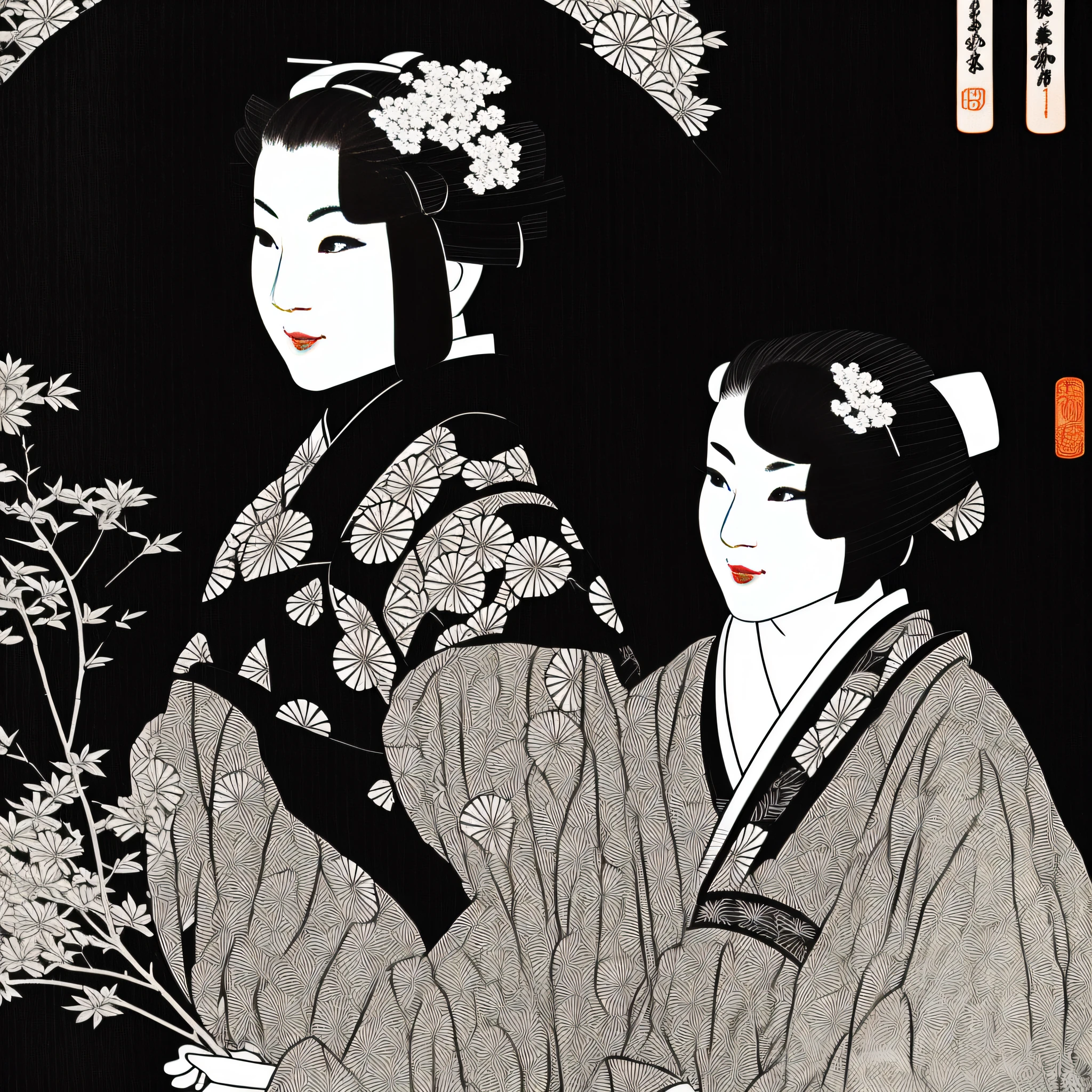 Ink woodblock print (black and white) of a 32-year-old woman wearing a yukata from the Edo period (elegant Japan) Windowside Touching cheeks Do not use color The presence of chafing