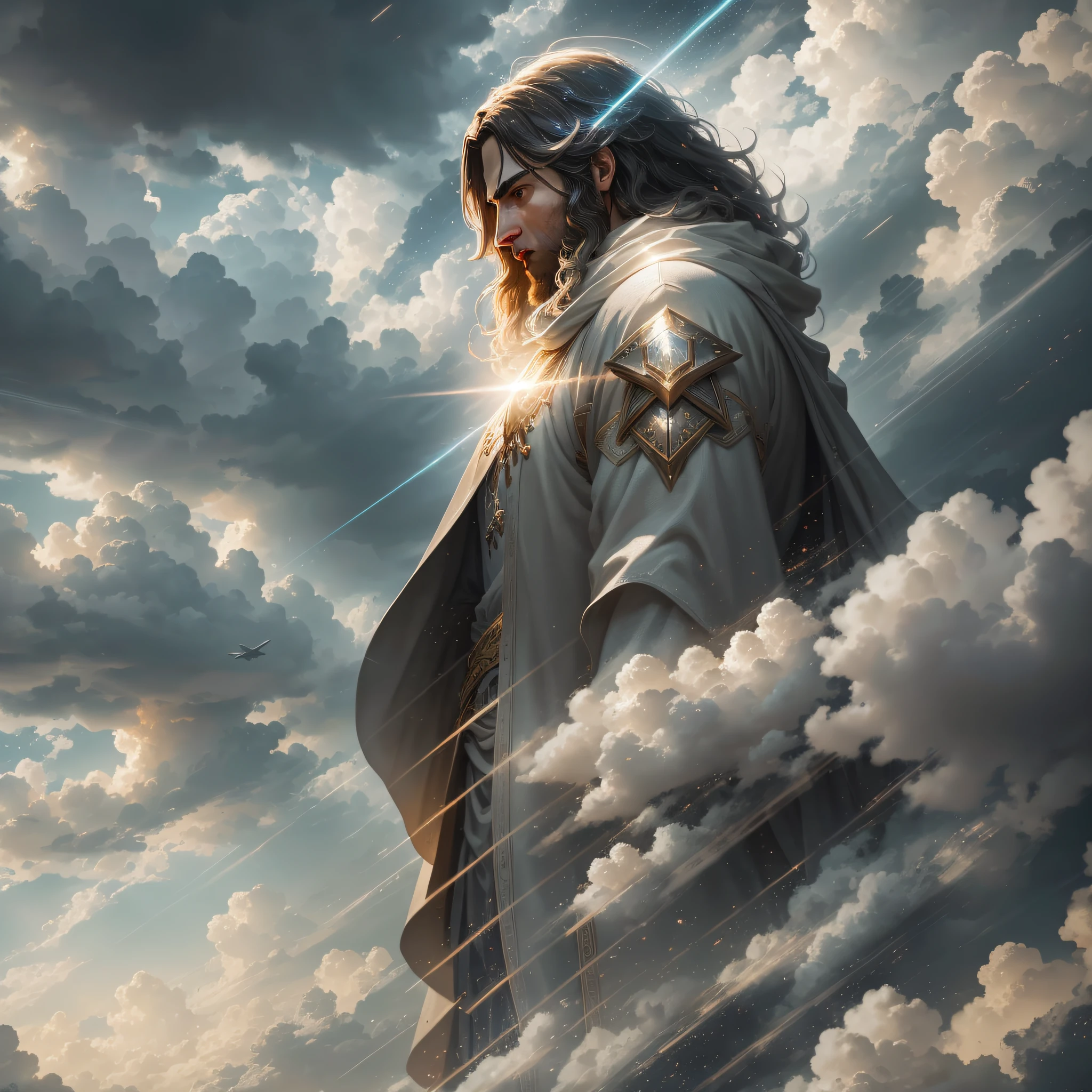 Jesus walking on the clouds in a storm, with right side profile, soft expression, streaks of light coming down from the sky, masterpiece, high quality, high quality, highly detailed CG unit 8k wallpaper, award-winning photos, bokeh, depth of field, HDR, bloom, chromatic aberration, realistic, very detailed, trend in artstation, trend in CGsociety, complex, high detail,  Dramatic, art in the middle of the journey, volumetric lighting --auto --s2