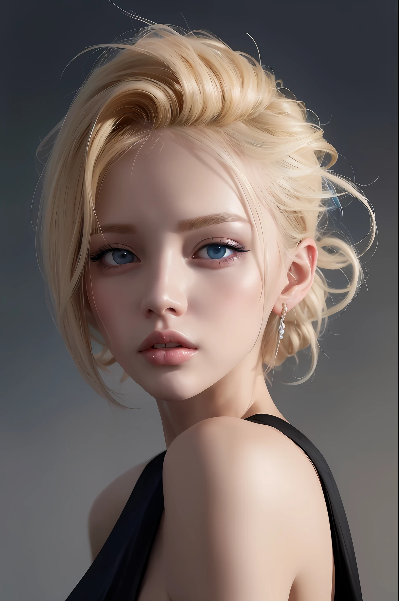 blond woman with blue eyes and a black dress posing for a picture, artwork in the style of guweiz, inspired by Yanjun Cheng, kawaii realistic portrait, by Yanjun Cheng, guweiz, realistic. cheng yi, realistic art style, stunning anime face portrait, 🤤 girl portrait, realistic cute girl painting, realistic digital painting, ig model | artgerm