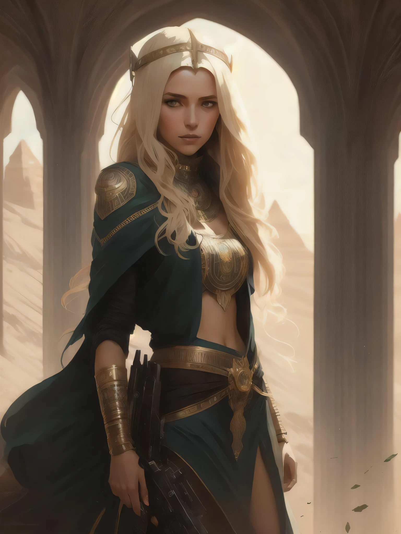 white young woman whith blonde hair in desert, sci-fi, hyperrealism, 85mm, a photo of 8k ultra realistic, cinematic lighting, hyperrealistic, focused, high details, ((highly detailed)), depth of field, (((professionally color graded))), 8k, 50mm, f/1. 4, art by artgerm and greg rutkowski and alphonse mucha, concept, art style, oilpaint, egypt