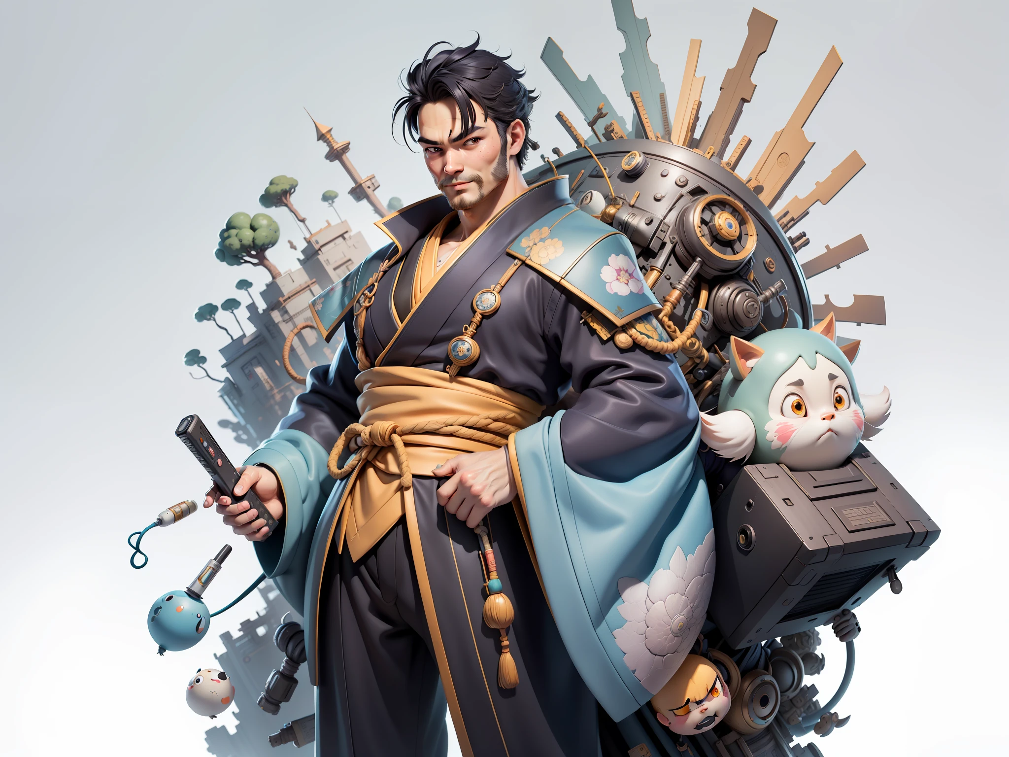 (Masterpiece), (Excellent), (Super Meticulous), (Full Body: 1.2), Super Young Man, Oriental Face, Japanese Kimono, Japanese Wind and Thor, TV Anchor, Bust Portrait Illustration, Alone, Black Suit, Blue Tie, Slightly Chubby, Very Clean Face, No Beard, Black Super Short Hair, Black Eyes, Confident Smile, 3c Computer Sub-Products, iPad, iPhone, Digital Painting, 3D Character Design by Mark Claireden and Pixar and Hayao Miyazaki, the illustration is HD illustration in 4K resolution, With very detailed facial features and cartoon-style visuals.