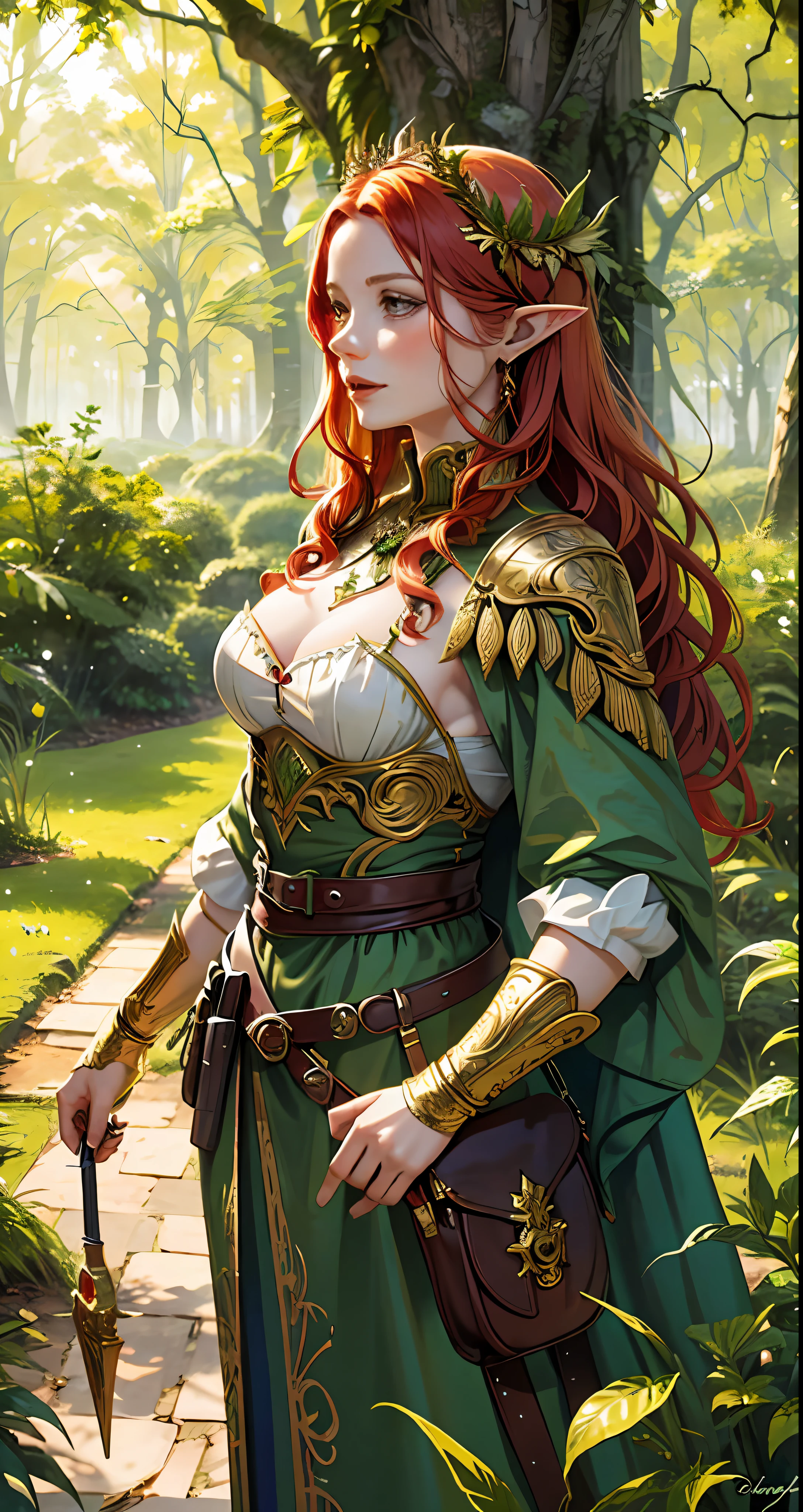 A picture of a woman with red hair and green dress, dress made of leaves, delicate golden pattern, goblin queen of summer forest, fantasy style art, beautiful girl, detailed fantasy digital art, very beautiful fantasy art, Forest elf, beautiful and elegant dryad, graphic artist magali villeneuve, nymph, (masterpiece, best quality: 1.2), (ultra detailed), (illustration), wallpaper, original,