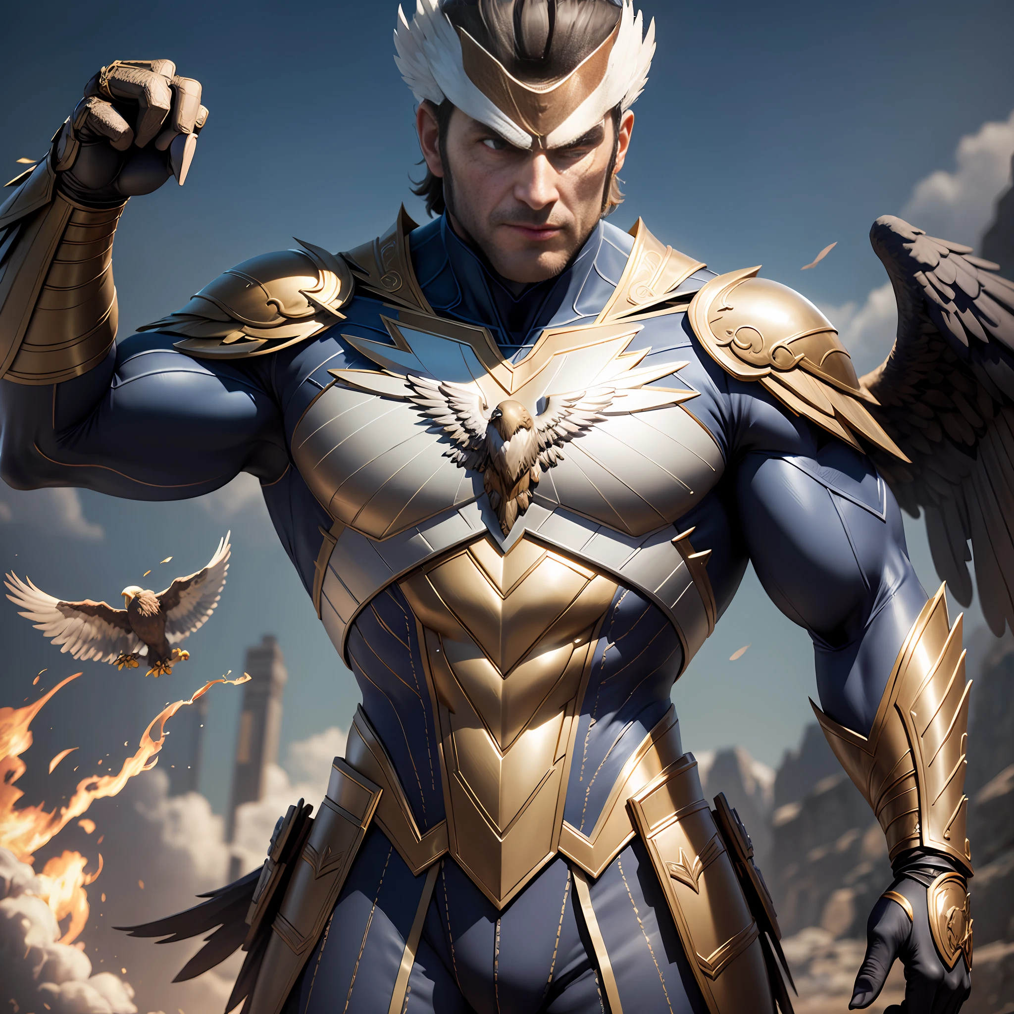 Although a very handsome man, his whole body is realistic, Superhero Eagle Man Action Eagle 3DLogo Amazing Movie Highly Detailed Detailed Face Detailed Suit Cgi 8k High Resolution --auto --s2