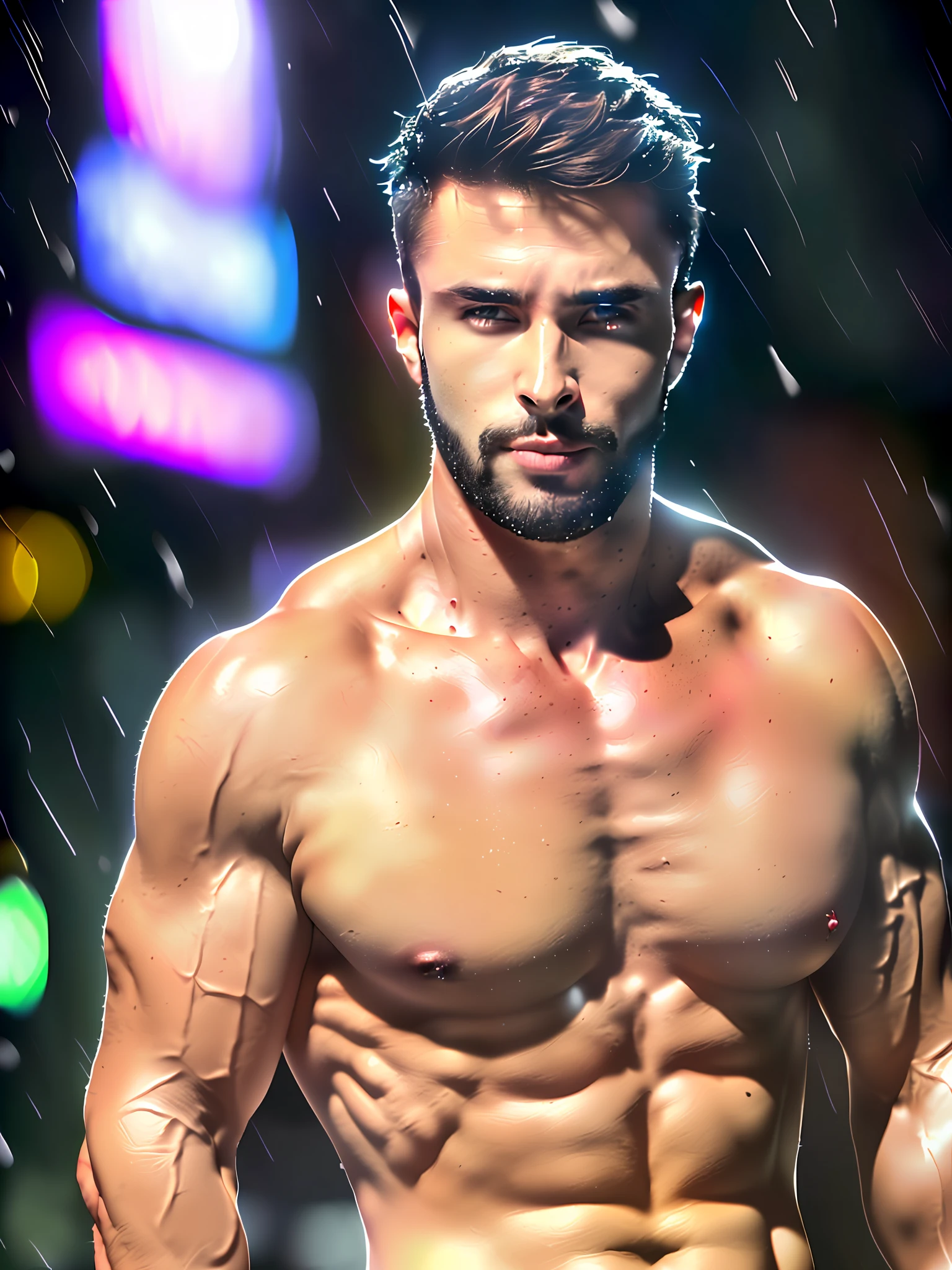 Muscular man with dark blonde hair detailed seductive eyes, wearing shirtless underwear in beautiful futuristic cyberpunk city +, mist, wet, rain, best quality masterpiece, photorealistic, gorgeous details, 16K, HDR, shallow depth of field, wide light, high contrast, backlighting / extremely detailed eyes and faces: 1.6 / beautiful eyes / a-retina-rich-in-in-in-intricate details / / (y) / (high quality) / (16K) / (The best image Identical to a photo) / (masterpiece)  , sharp focus, (hyperrealistic)) / (the-faces-are-extremely-perfect)), (((photorealistic))) / full-body-view / full-body-shot / billboards / official-art: 1.5 / extremely-detailed-CG-unity-16K-wallpaper / incridibly-absurdres / huge-filesize / ultra-FUHD+