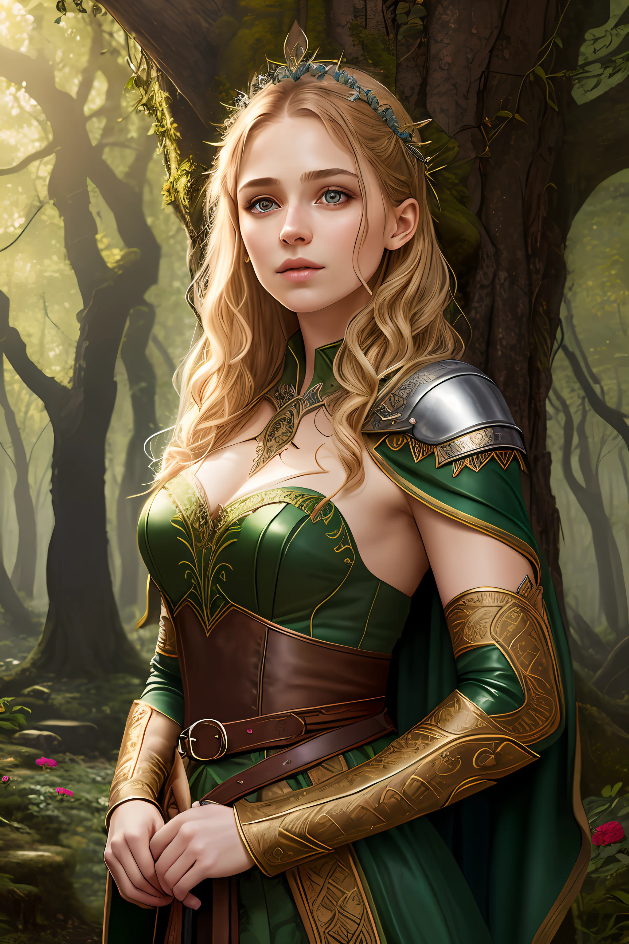 3d render, cgi, symetrical, octane render, 35mm, intricate details, hdr, intricate details, hyperdetailed, natural skin texture, hyperrealism, sharp, 1 girl, woman, (elven:0.6), portrait, looking up, solo, (full body:0.6), detailed background, brown eyes, light blonde textured hair, detailed face, robin hood, dynamic pose, medieval fantasy setting, high fantasy, green leather clothes, capelet, puch, straps, belt, serene forest, bushes, ivy, roots, moss, falling leaves, flowers, birds, feathers, sunshine, mist