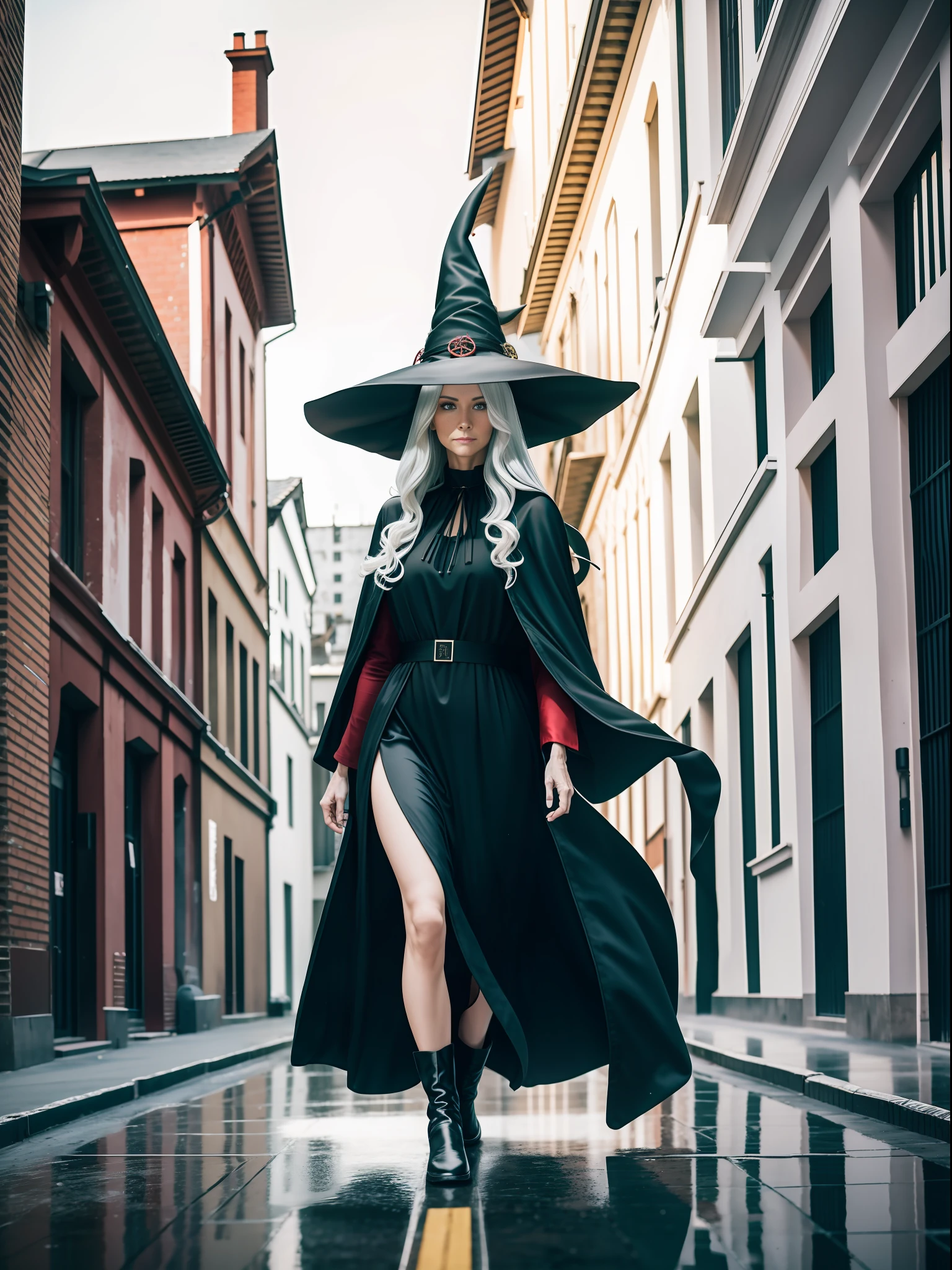RAW photo, one person, full body black robe, black long boots, skin invisible, red eyes, full body photo of 60 year old woman, pointing here, wavy white hair, long hair, witch hat, white skin, slender body, background is urban ruins, (very detailed skin: 1.2), 8k UHD, DSLR, soft lighting, high quality, film particles, fujifilm XT3