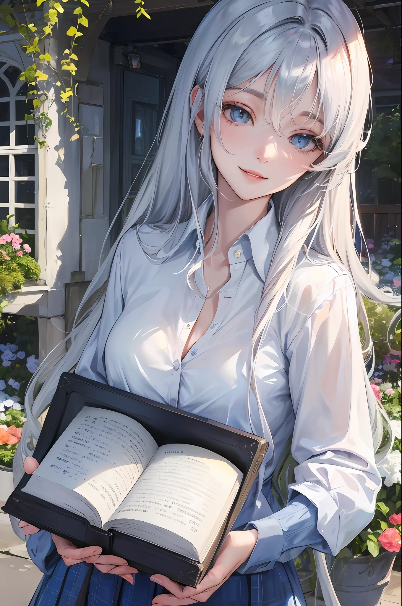 Official Art, Masterpiece, Sharp Focus, (Beautiful Gorgeous Cute Woman:1.3), (Beautiful Cute Woman:1.3), Delicate and Beautiful Hair and Eyes and Face, Realistic, Very Detailed, Beautiful Woman, Garden with Lake, (Side Lighting:1.2), Sunshine, Soft Clouds, Thin, ((Smile with eyes, open eyes)), Building, Long straight hair, (Vision: 1.7), Dynamic hair, Detailed platinum silver hair, Radiant blue eyes, neat school uniform,  Leaving her hair behind her ears, looking down, holding a book with one hand